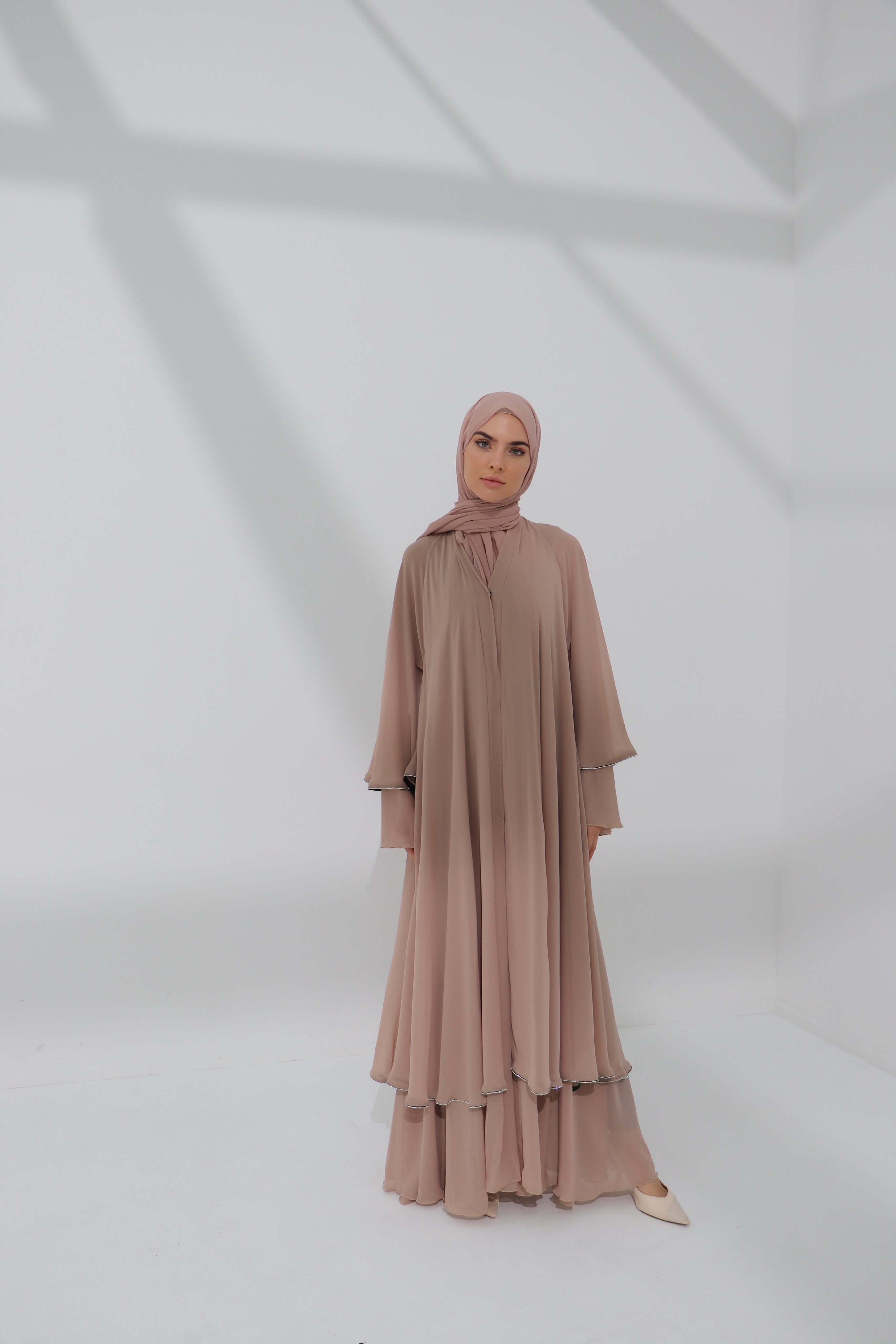 Mink Chiffon Embellished Layered Open Abaya