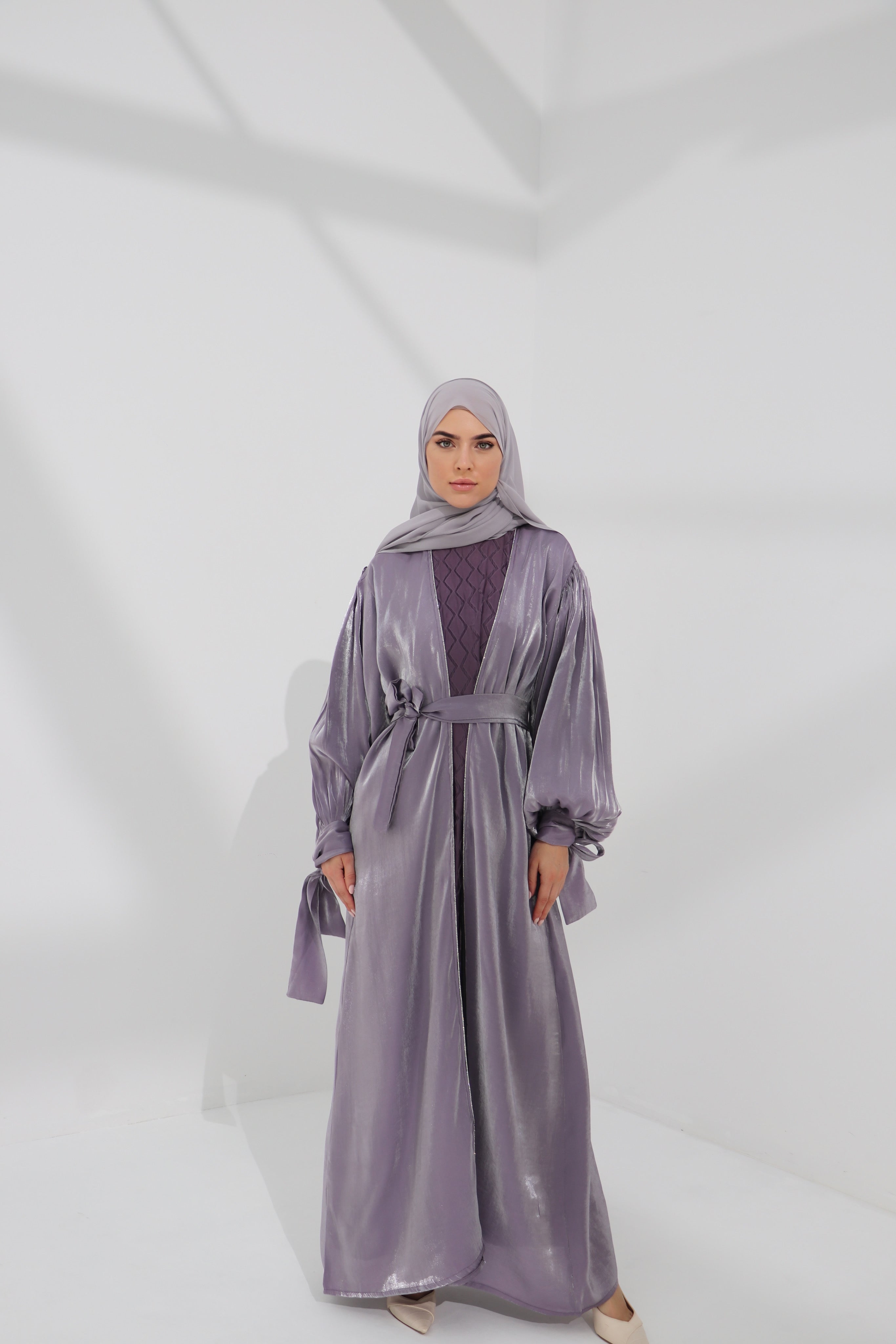 Lilac Embellished Tie Cuff Organza Abaya