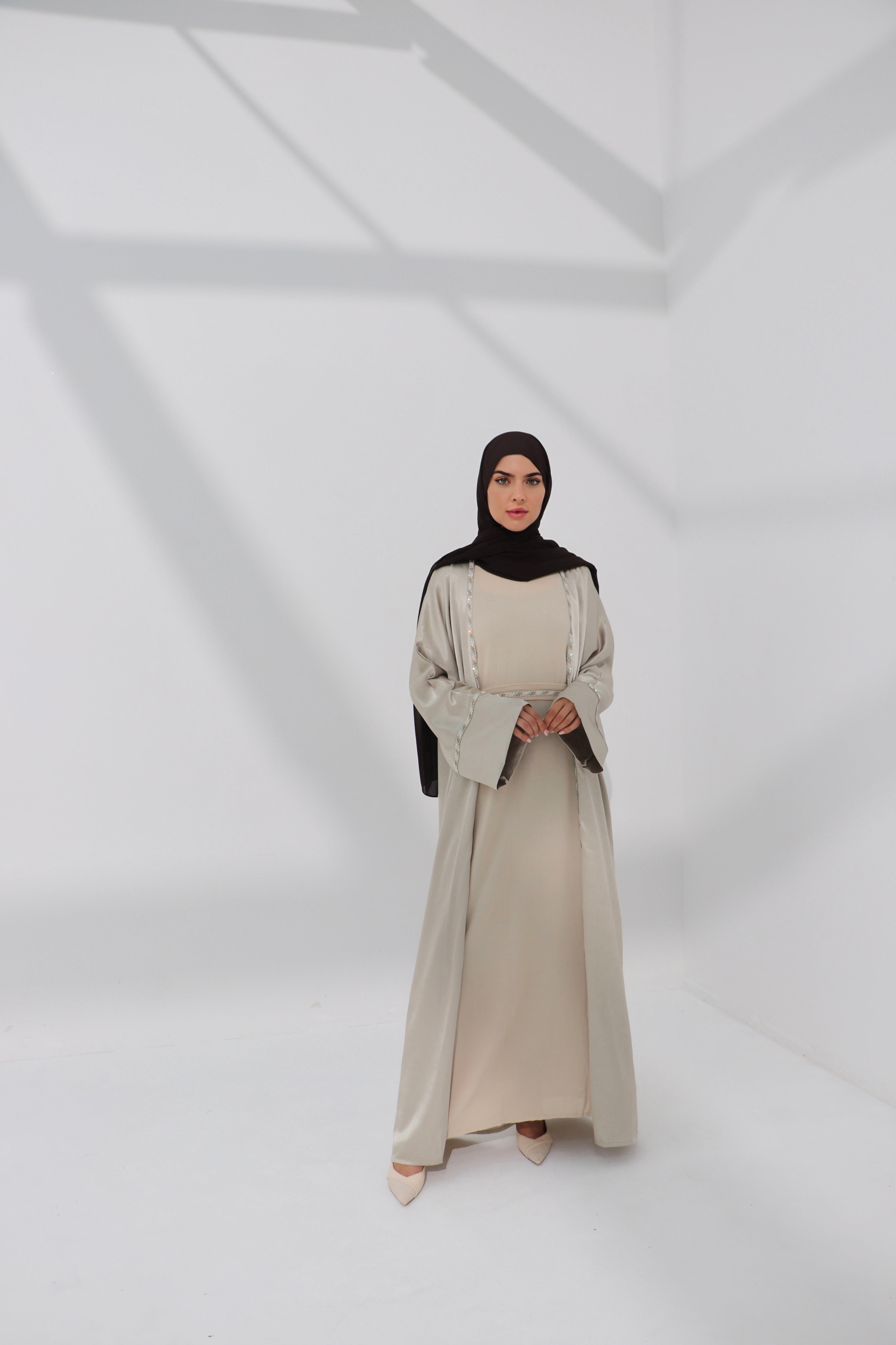 Beige Embellished Open Abaya