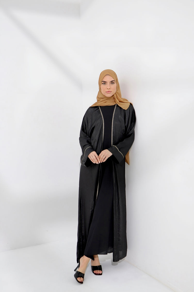 Black Shimmer Embellished Open Abaya