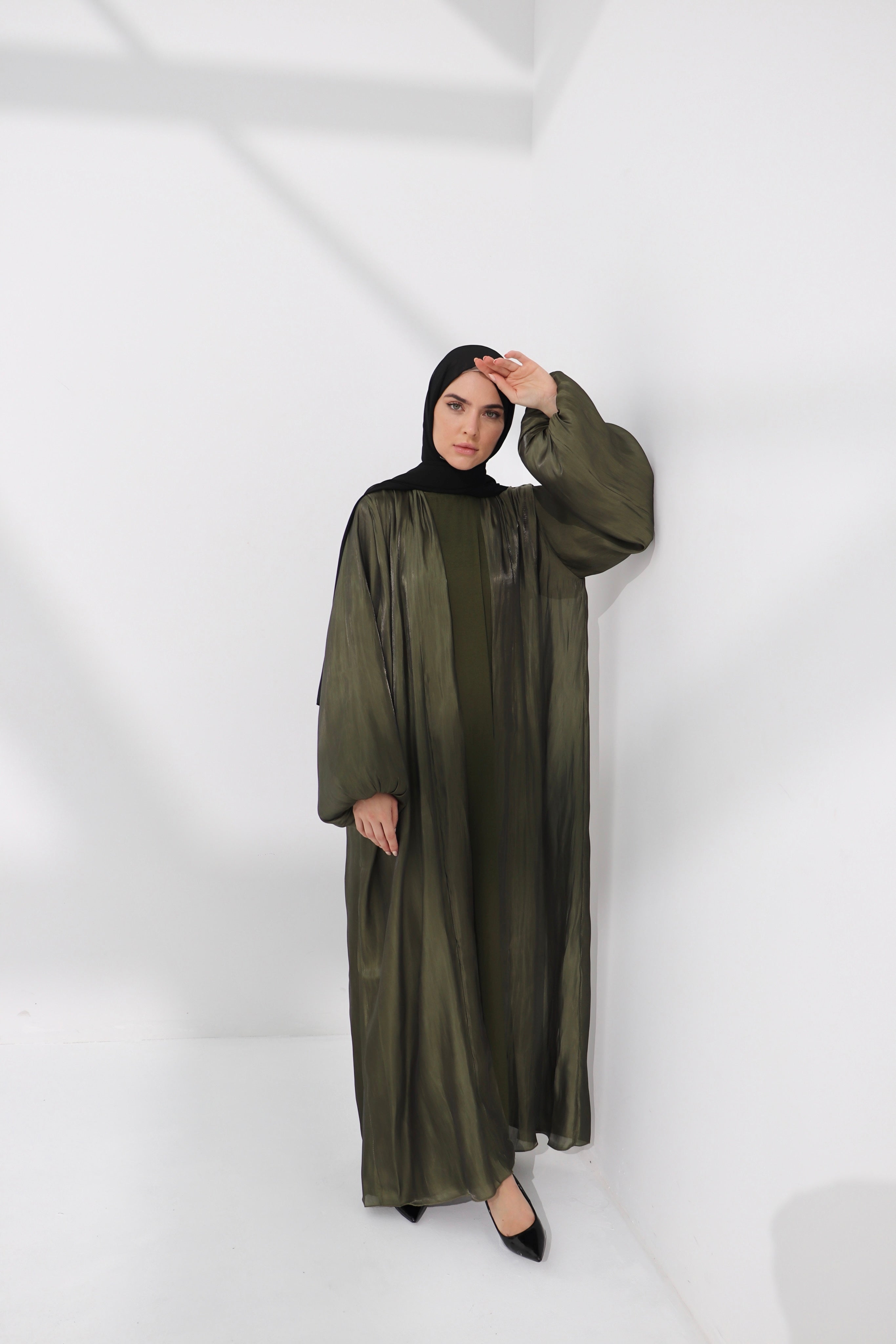 Green Balloon Sleeve Satin Abaya