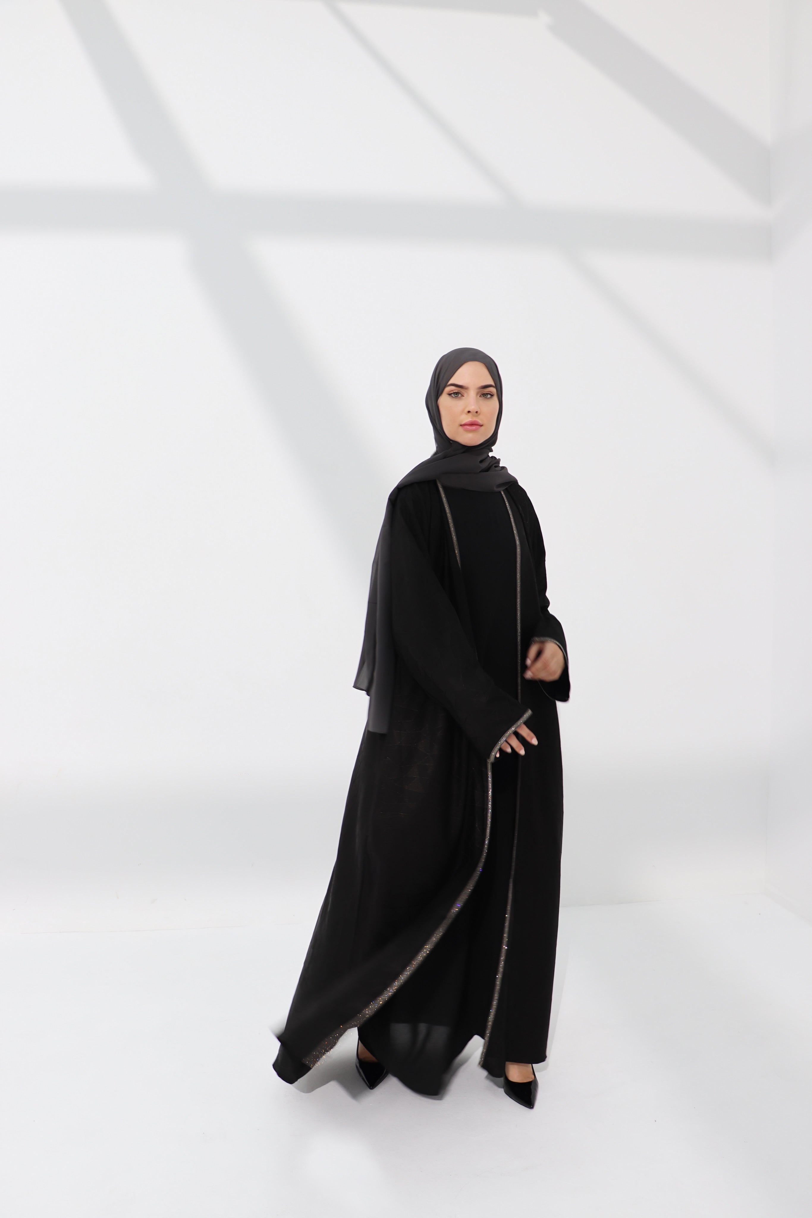 Black Jacquard Geometry Open Abaya