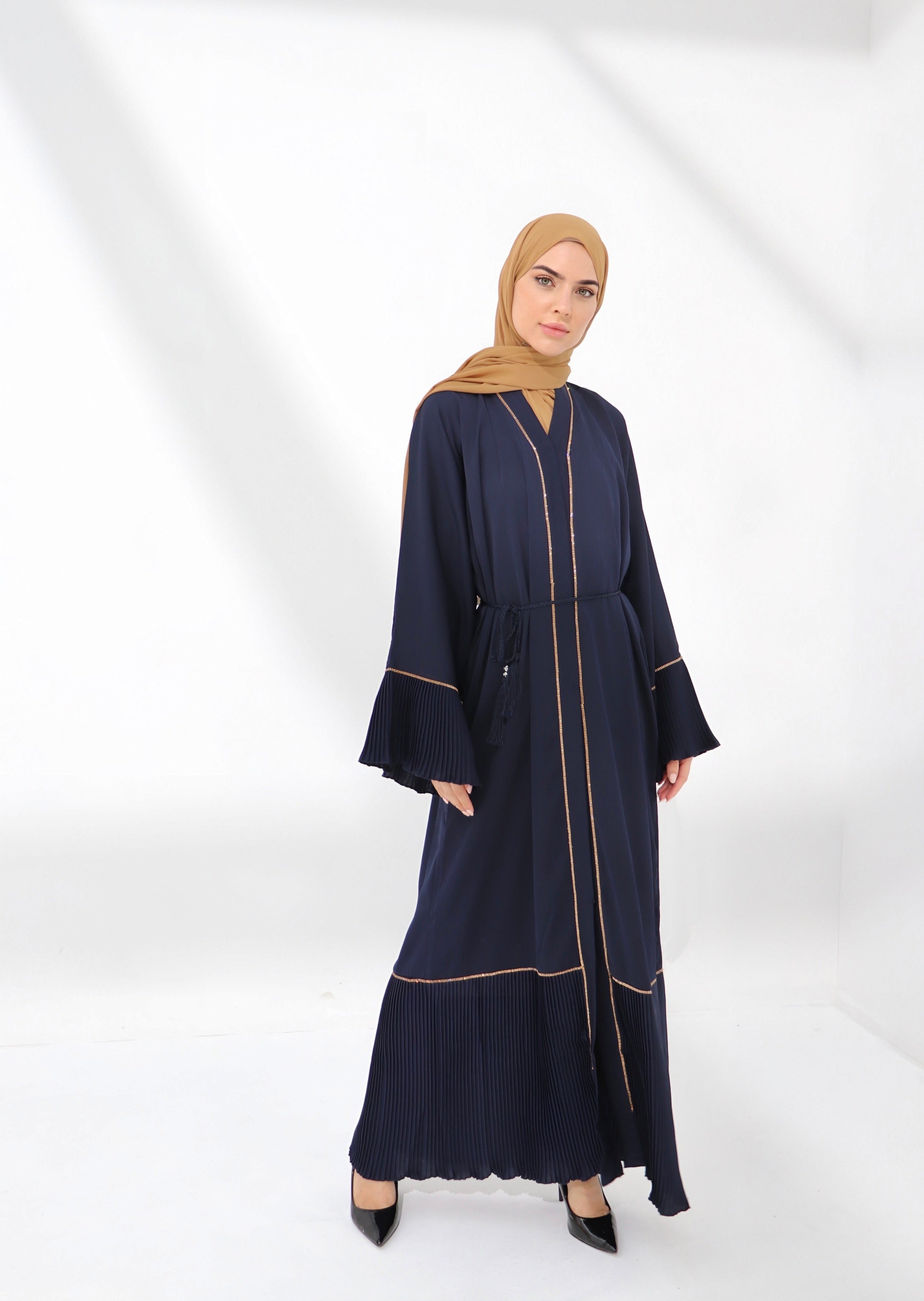 Navy Pleated Embellished Abaya