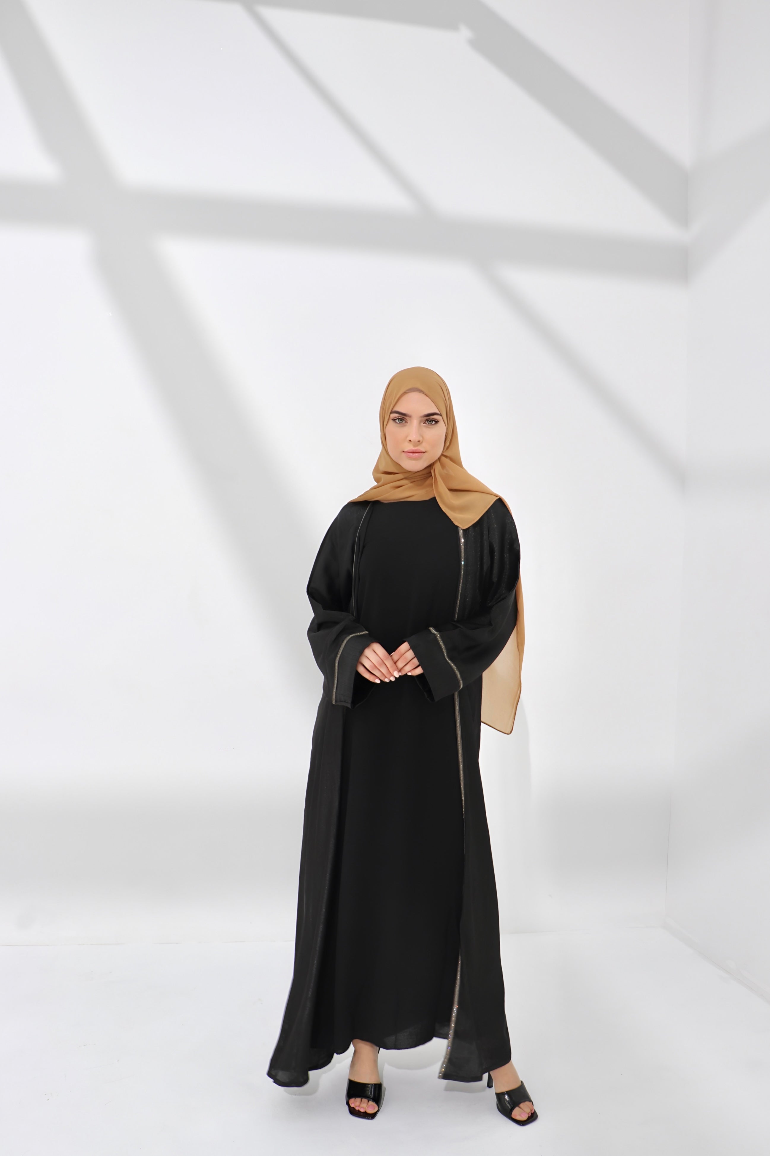 Black Shimmer Embellished Open Abaya