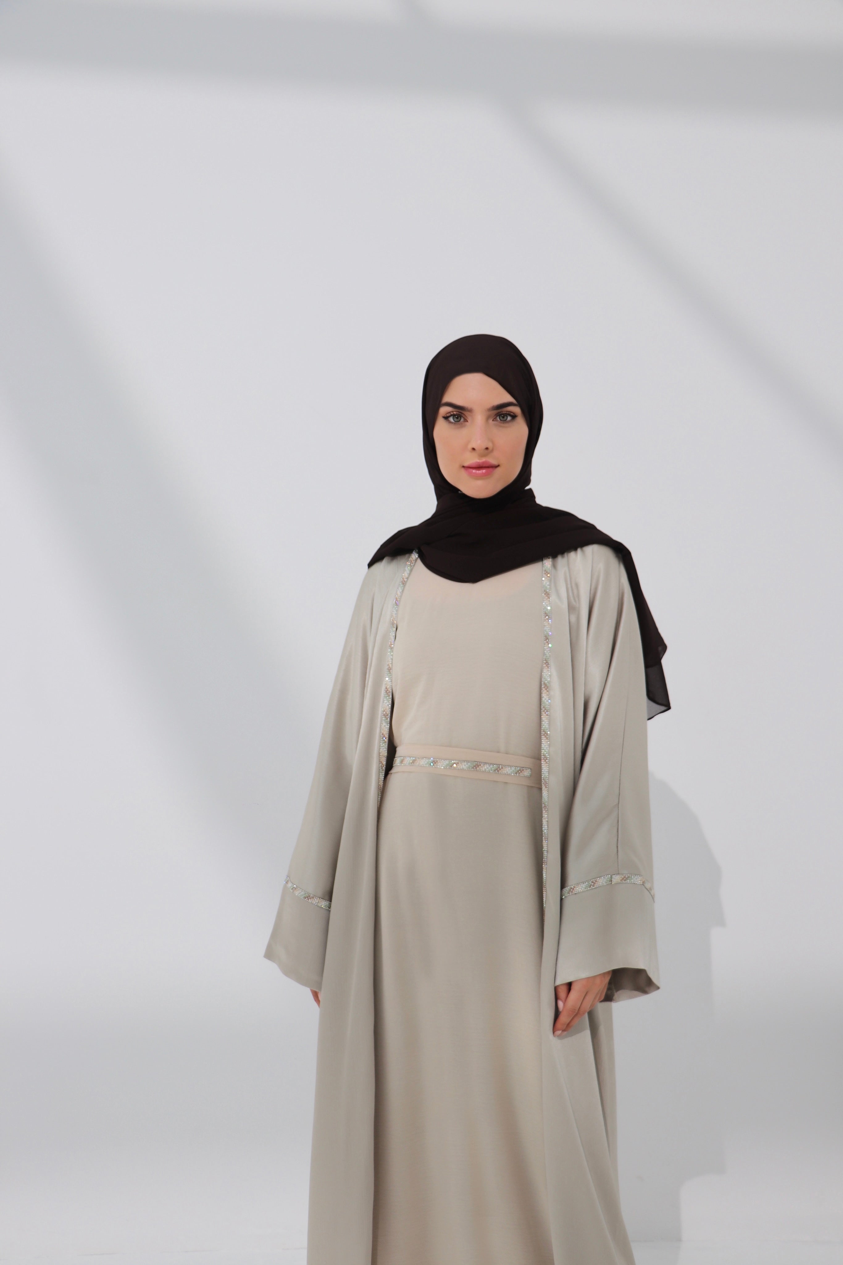 Beige Embellished Open Abaya