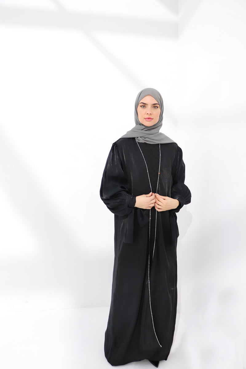 Black Embellished Tie Cuff Organza Abaya