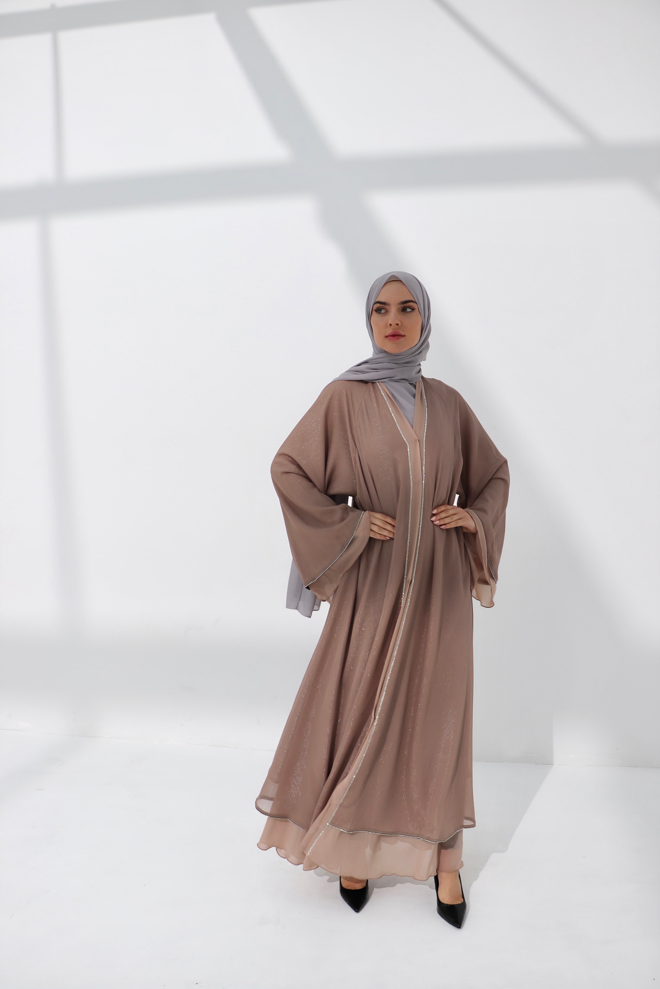 Mink Shimmer Chiffon Embellished Layered Open Abaya