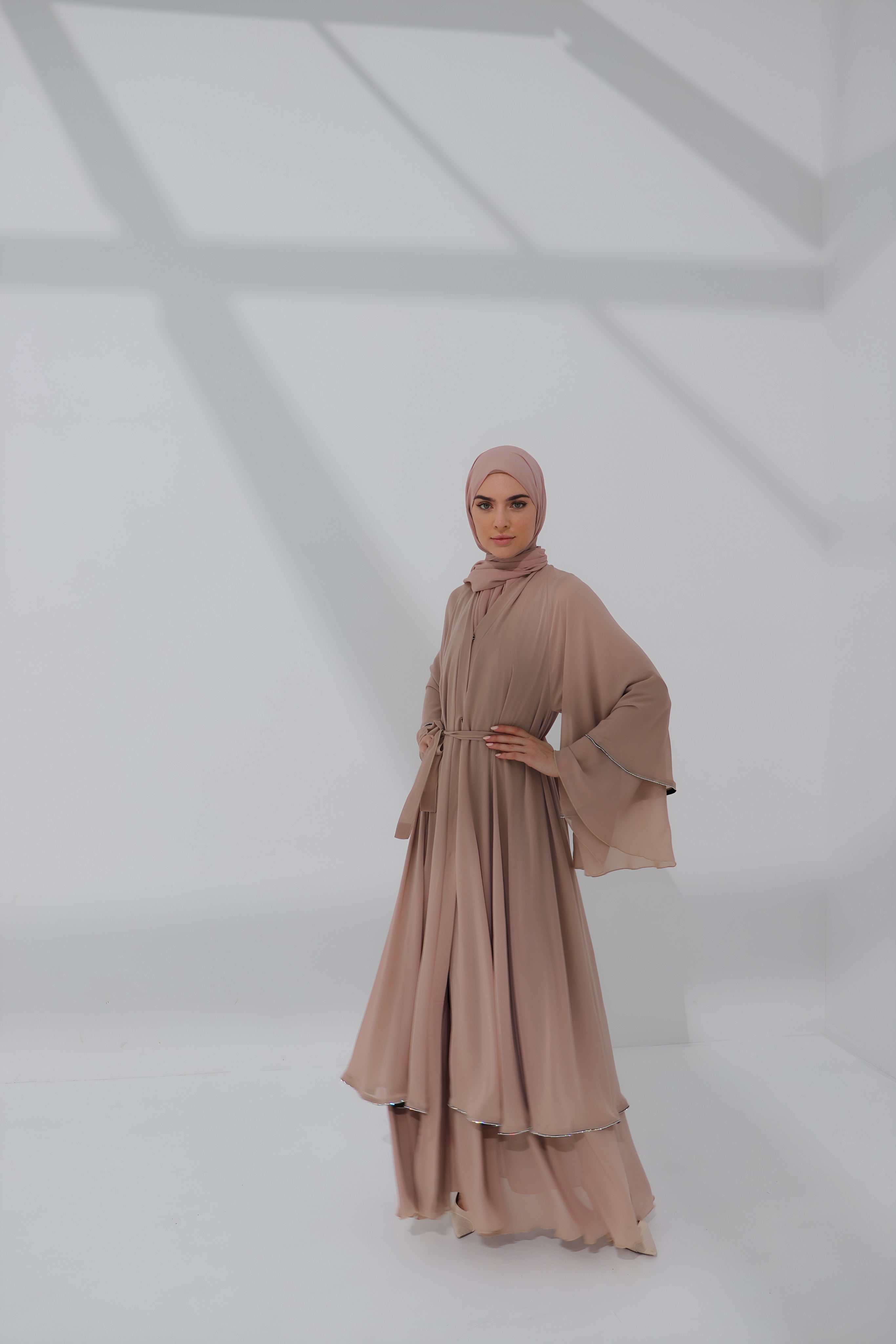 Mink Chiffon Embellished Layered Open Abaya