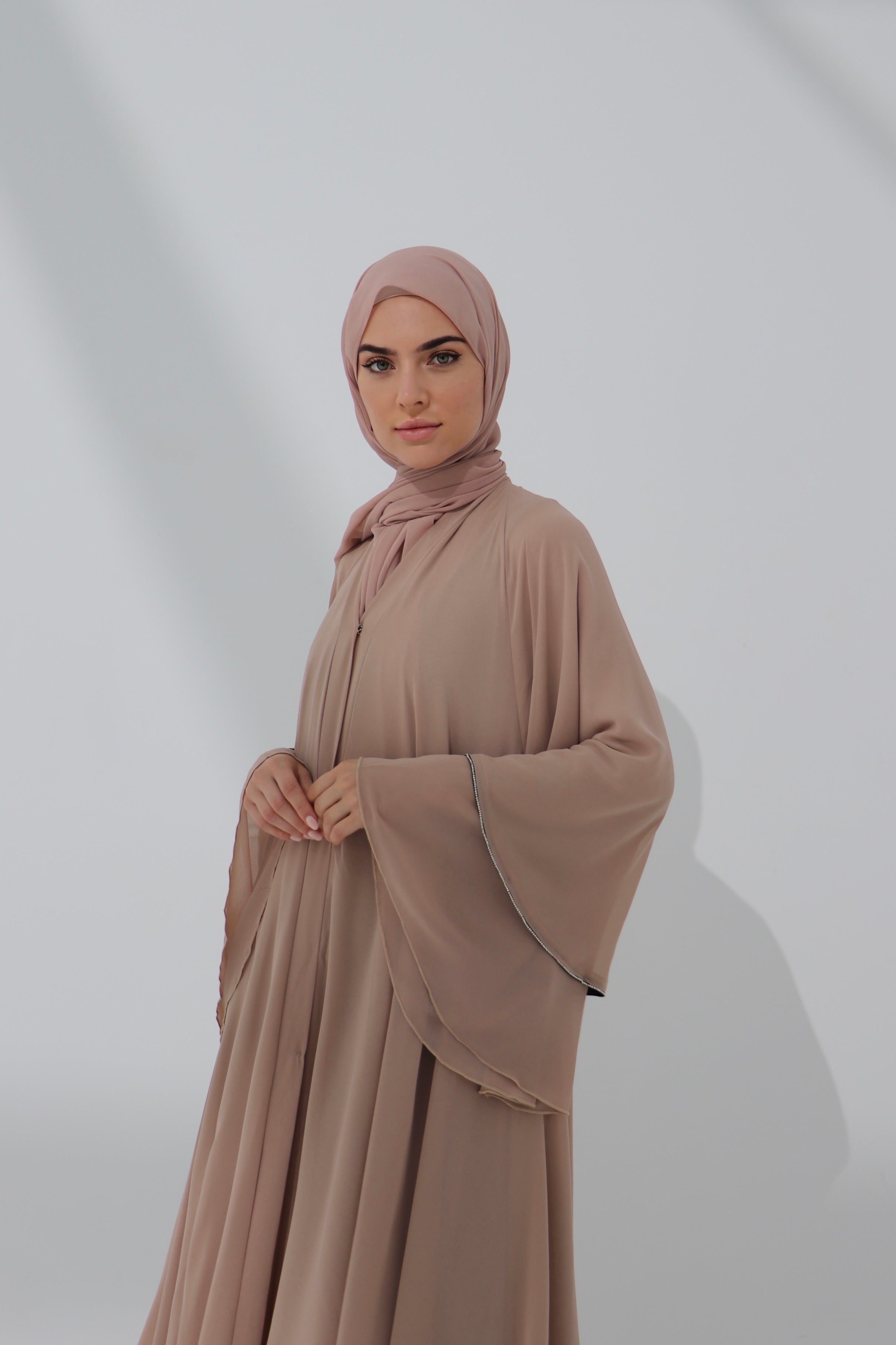 Mink Chiffon Embellished Layered Open Abaya