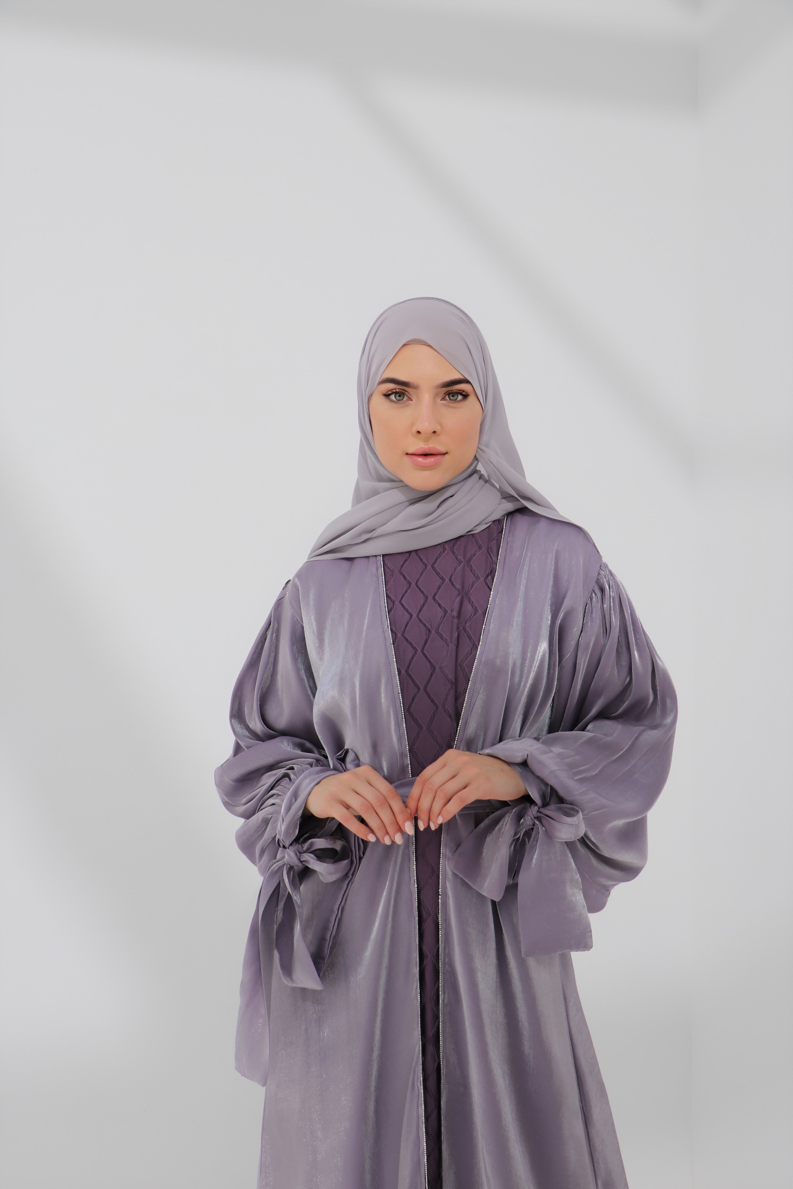 Lilac Embellished Tie Cuff Organza Abaya