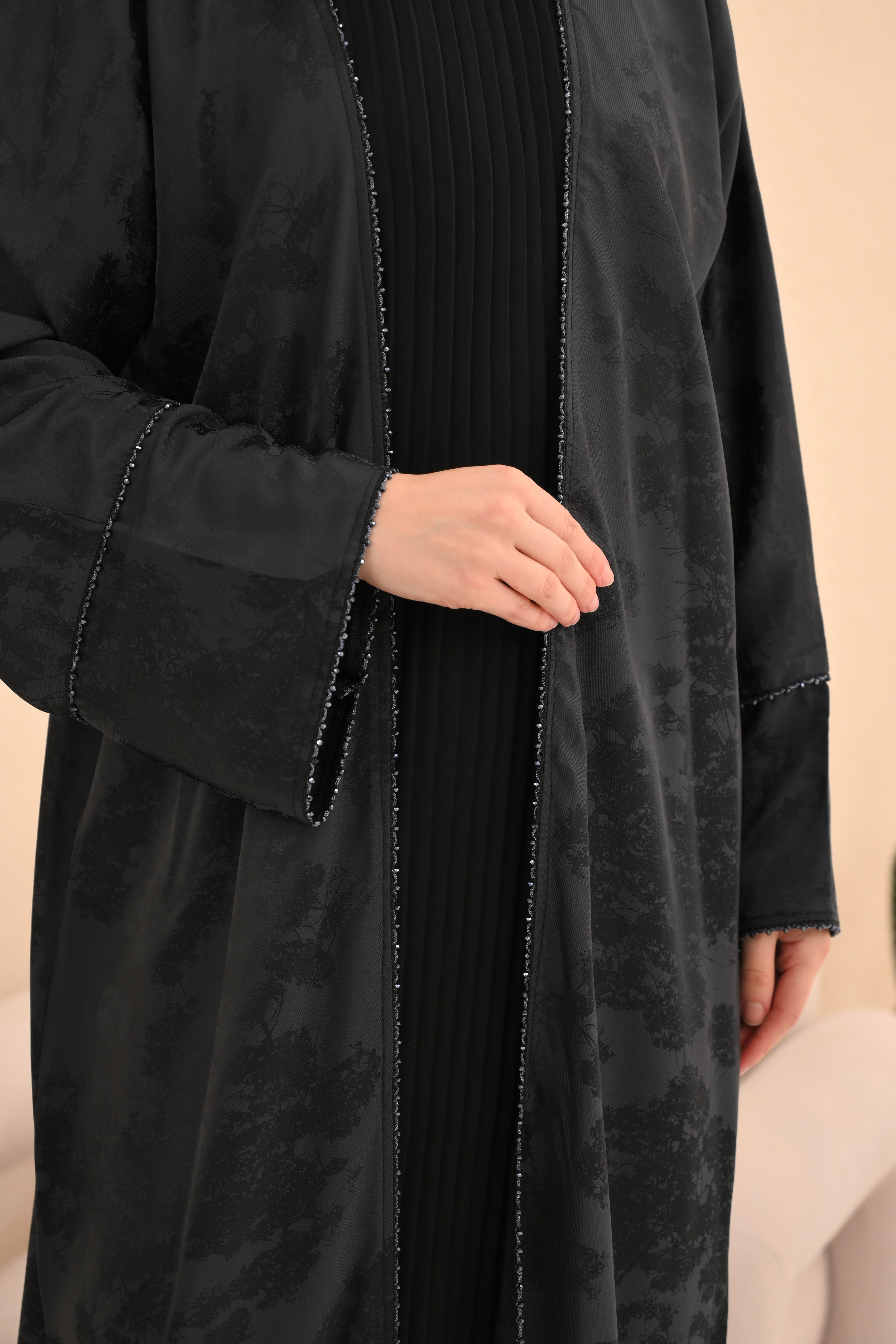 Grey Floral Printed Jacquard Abaya