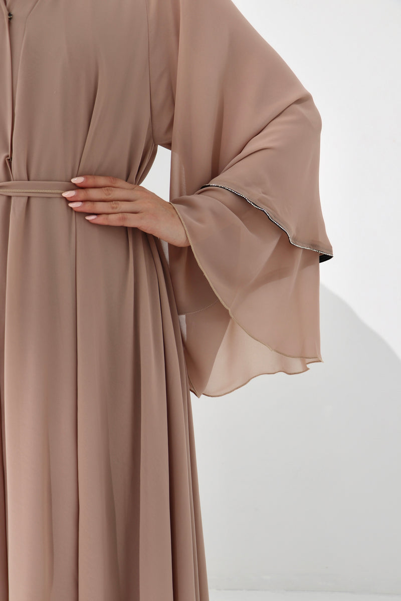 Mink Chiffon Embellished Layered Open Abaya