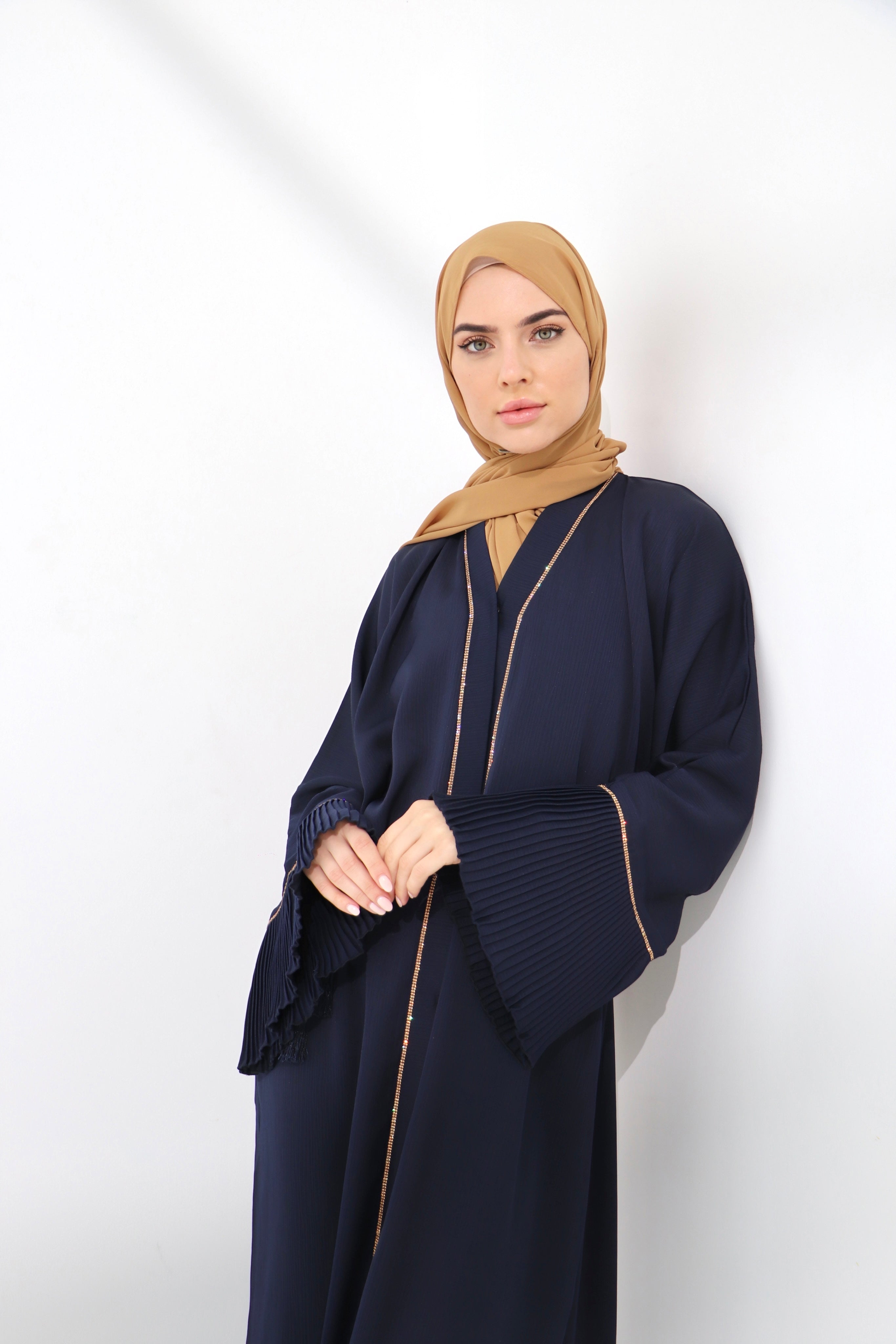 Navy Pleated Embellished Abaya