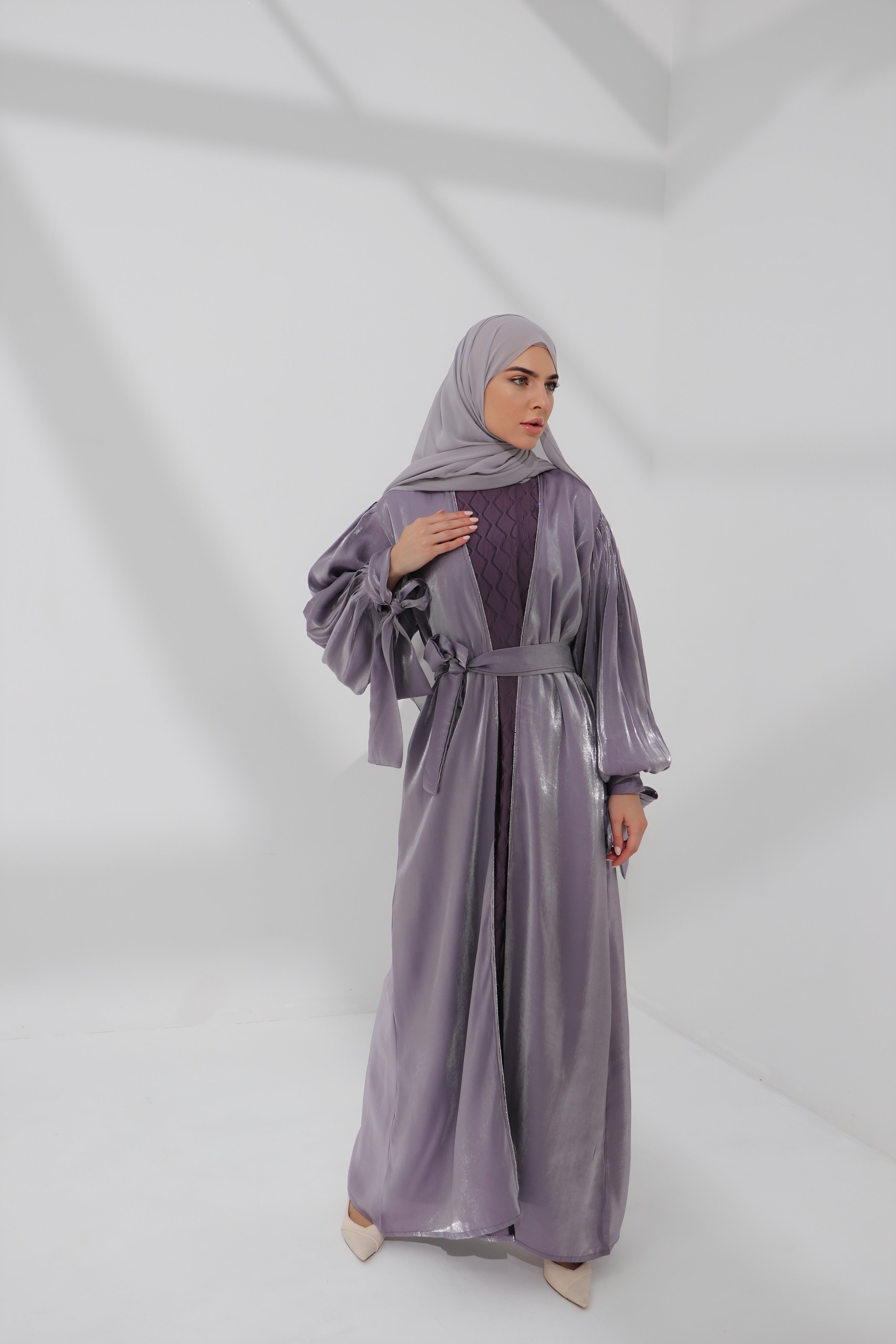 Lilac Embellished Tie Cuff Organza Abaya