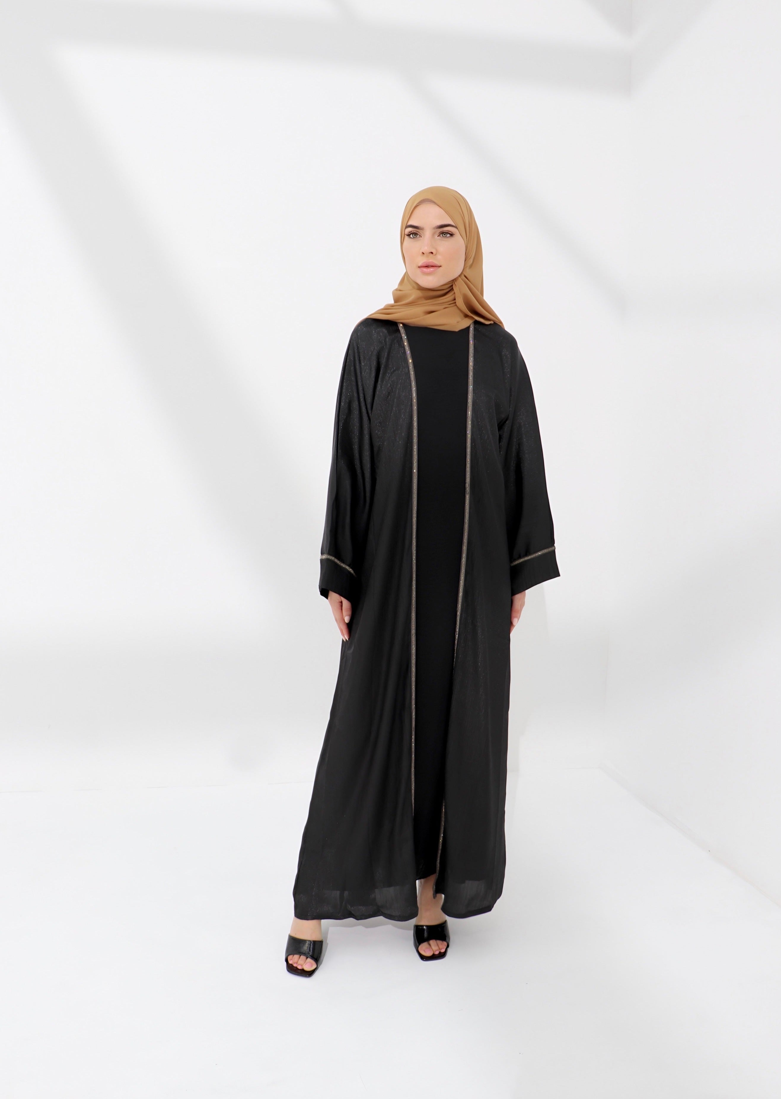 Black Shimmer Embellished Open Abaya