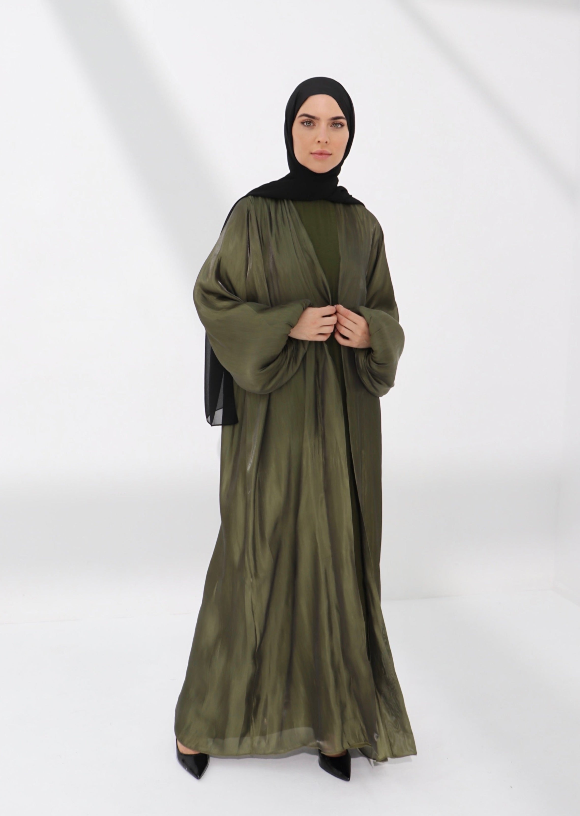 Green Balloon Sleeve Satin Abaya