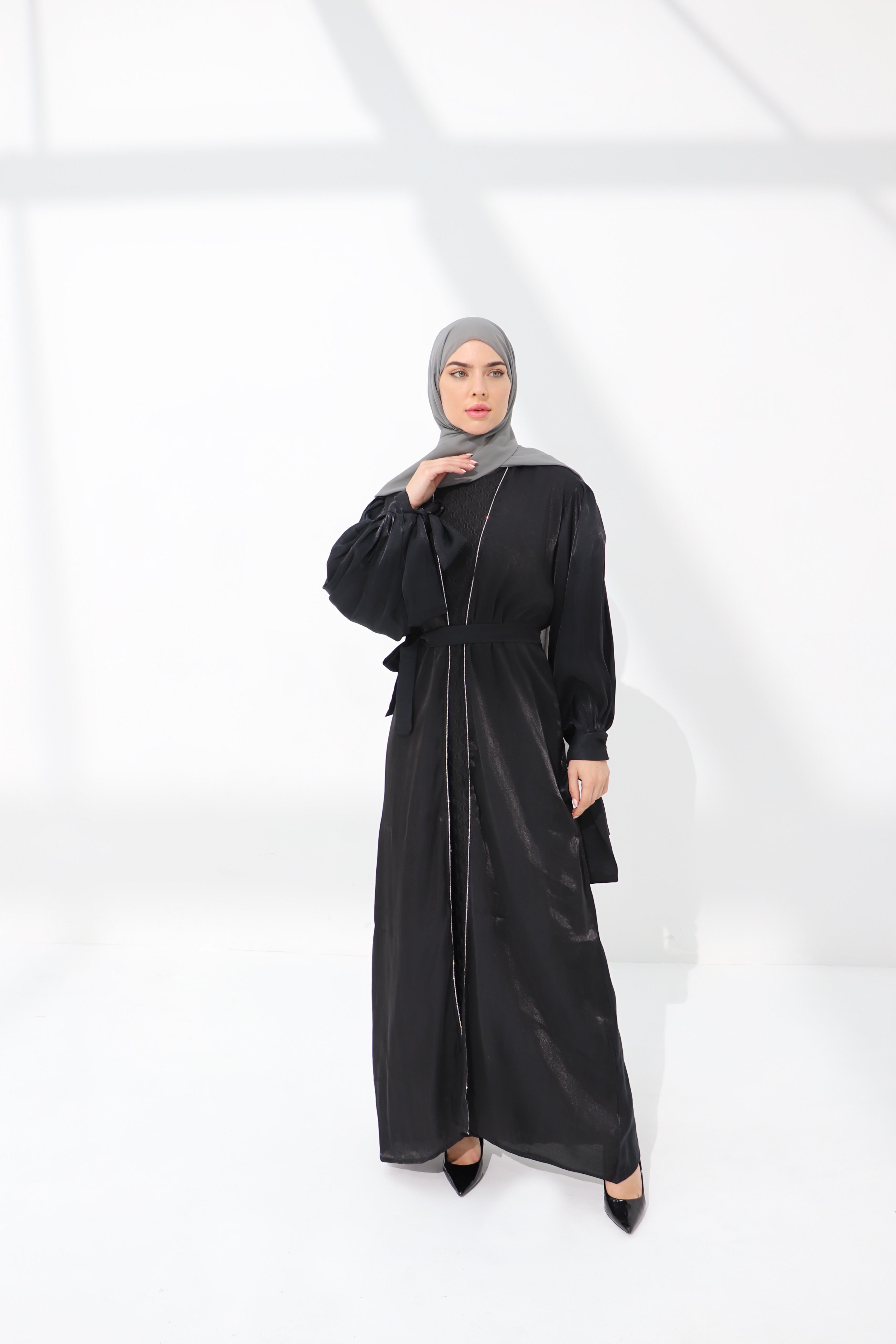 Black Embellished Tie Cuff Organza Abaya