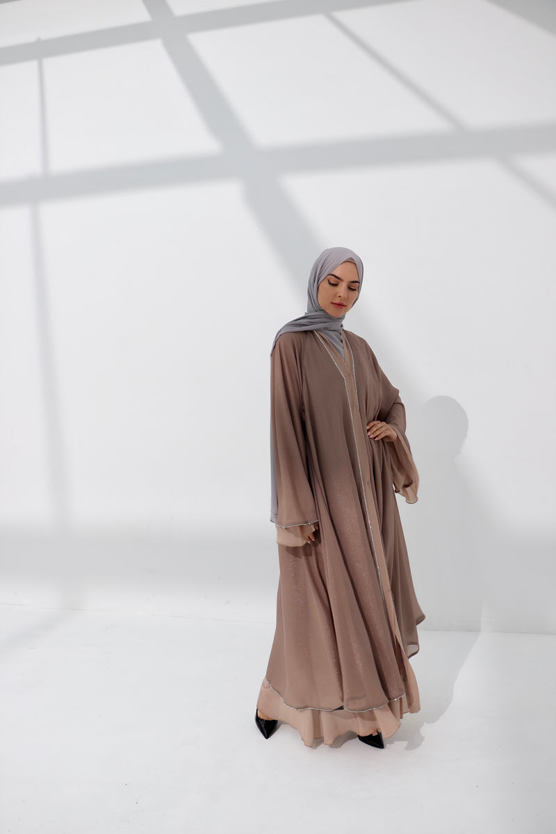 Mink Shimmer Chiffon Embellished Layered Open Abaya