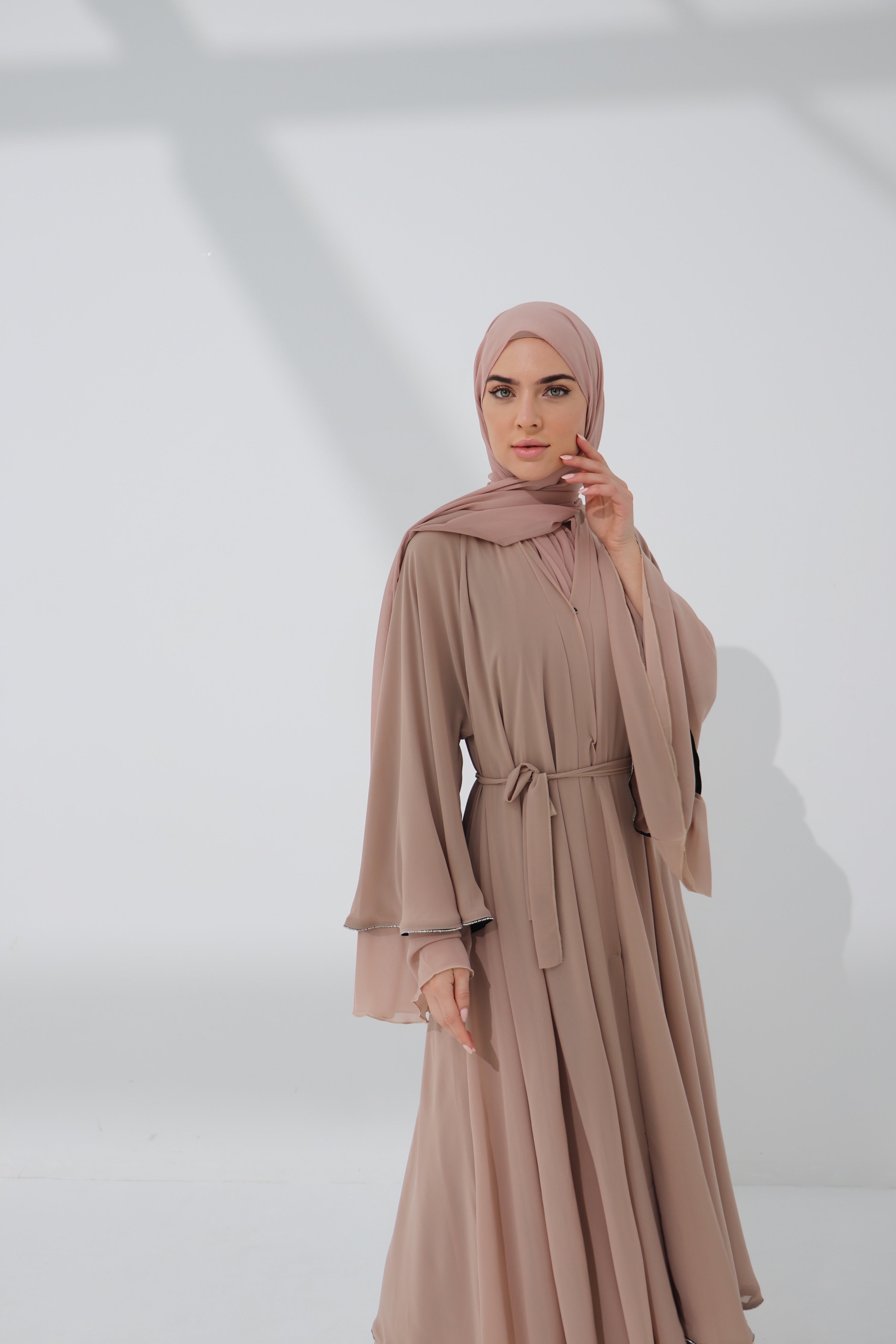 Mink Chiffon Embellished Layered Open Abaya