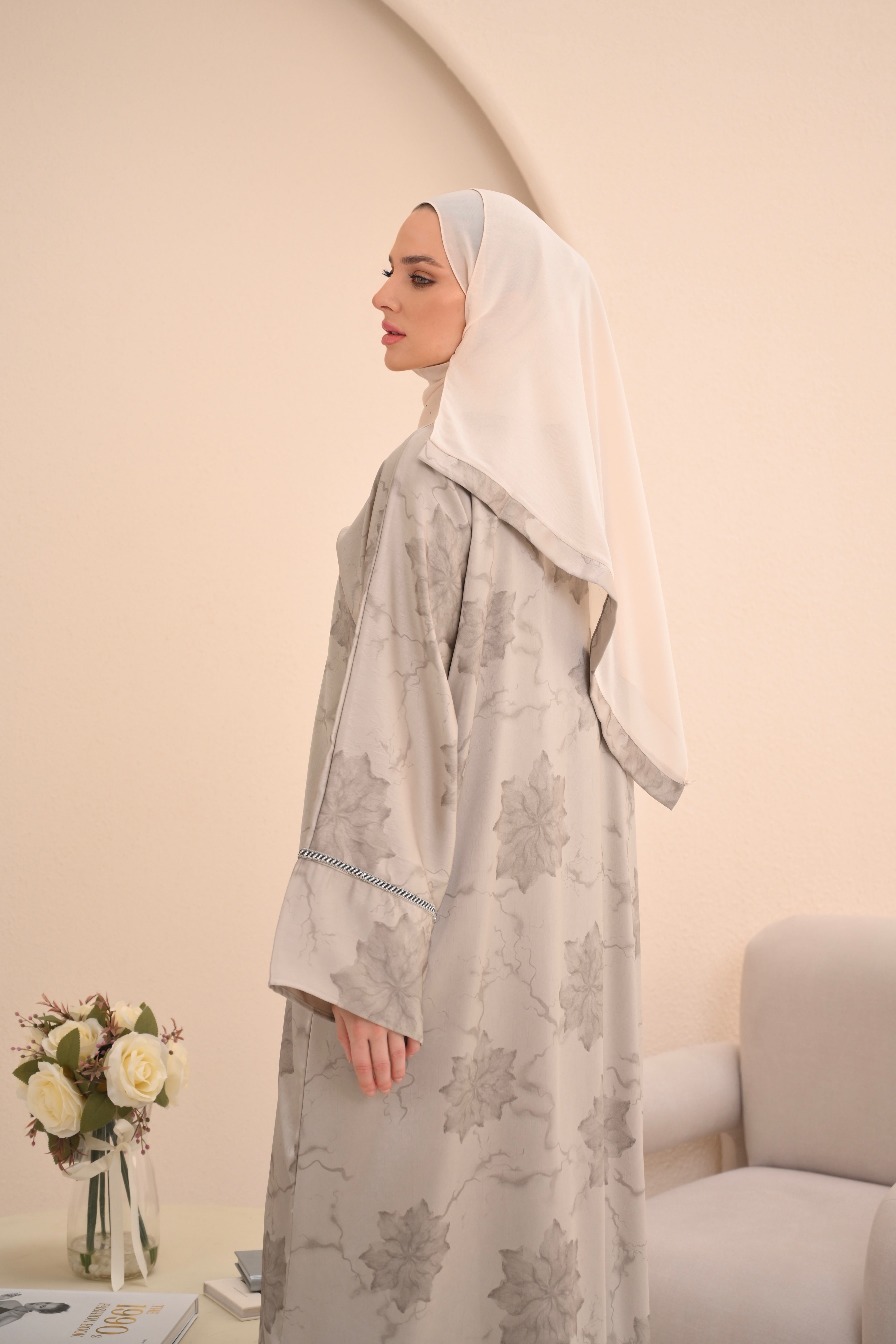 Ivory Beige Floral Open Abaya