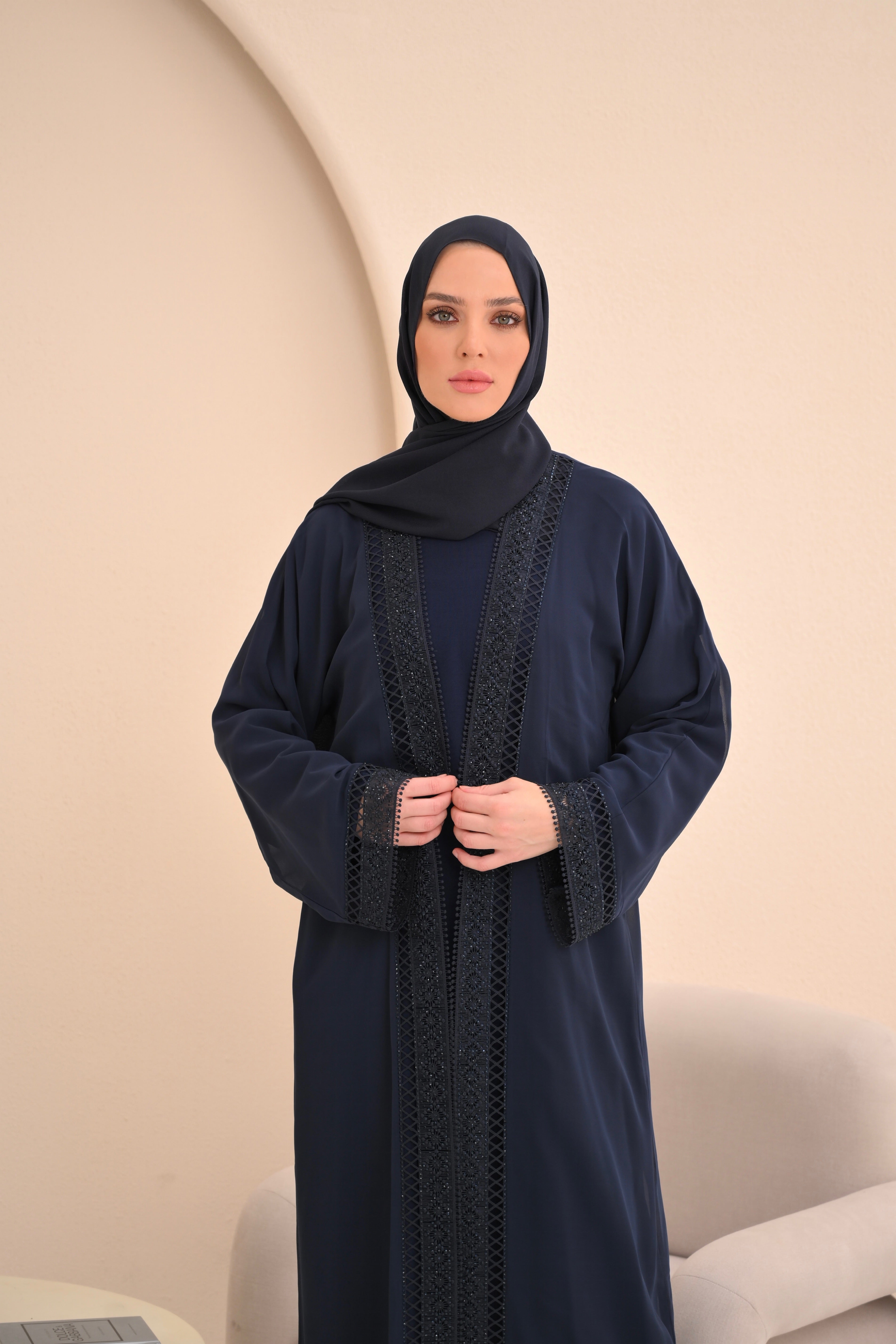 Navy Embellished Trim Abaya