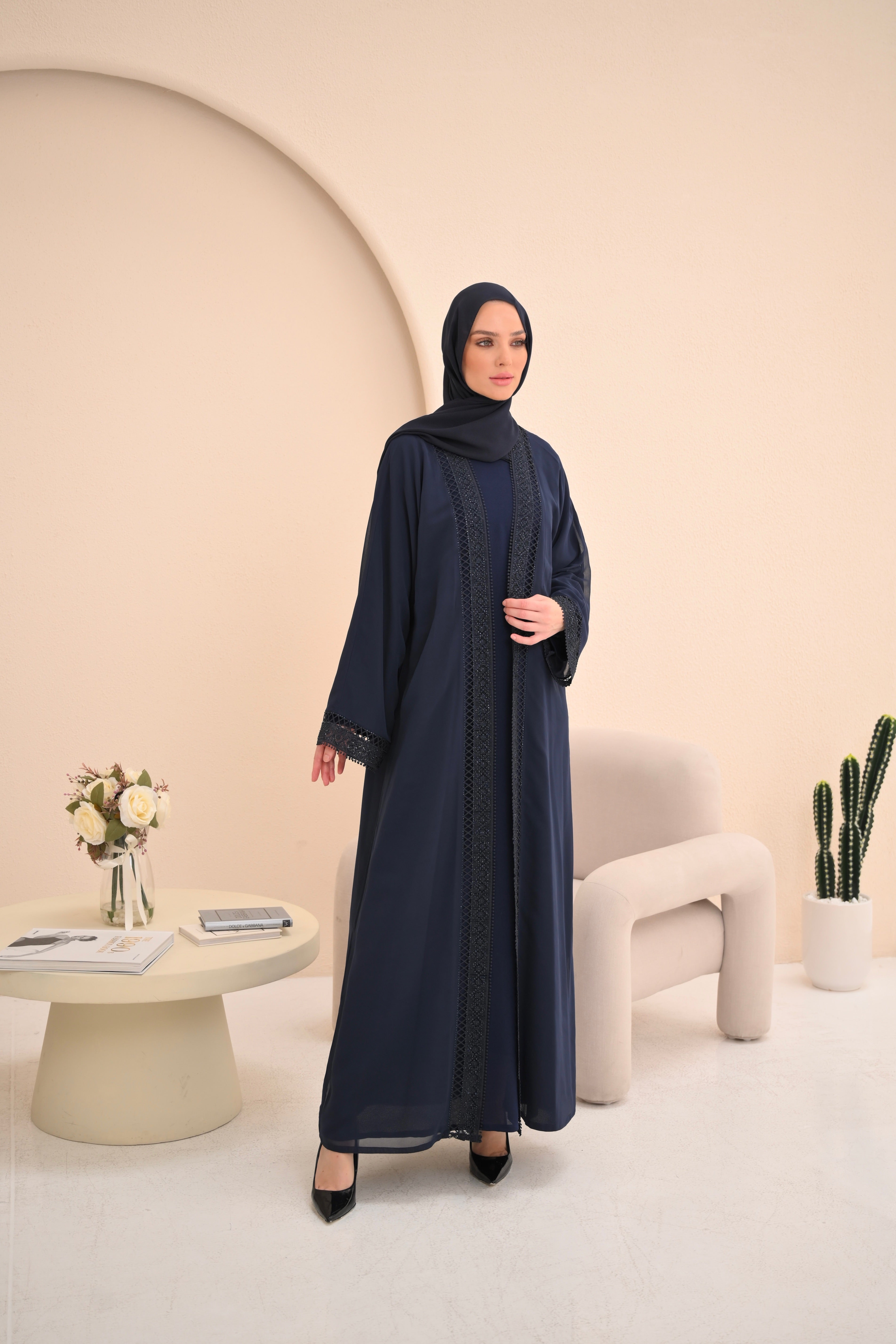 Navy Embellished Trim Abaya