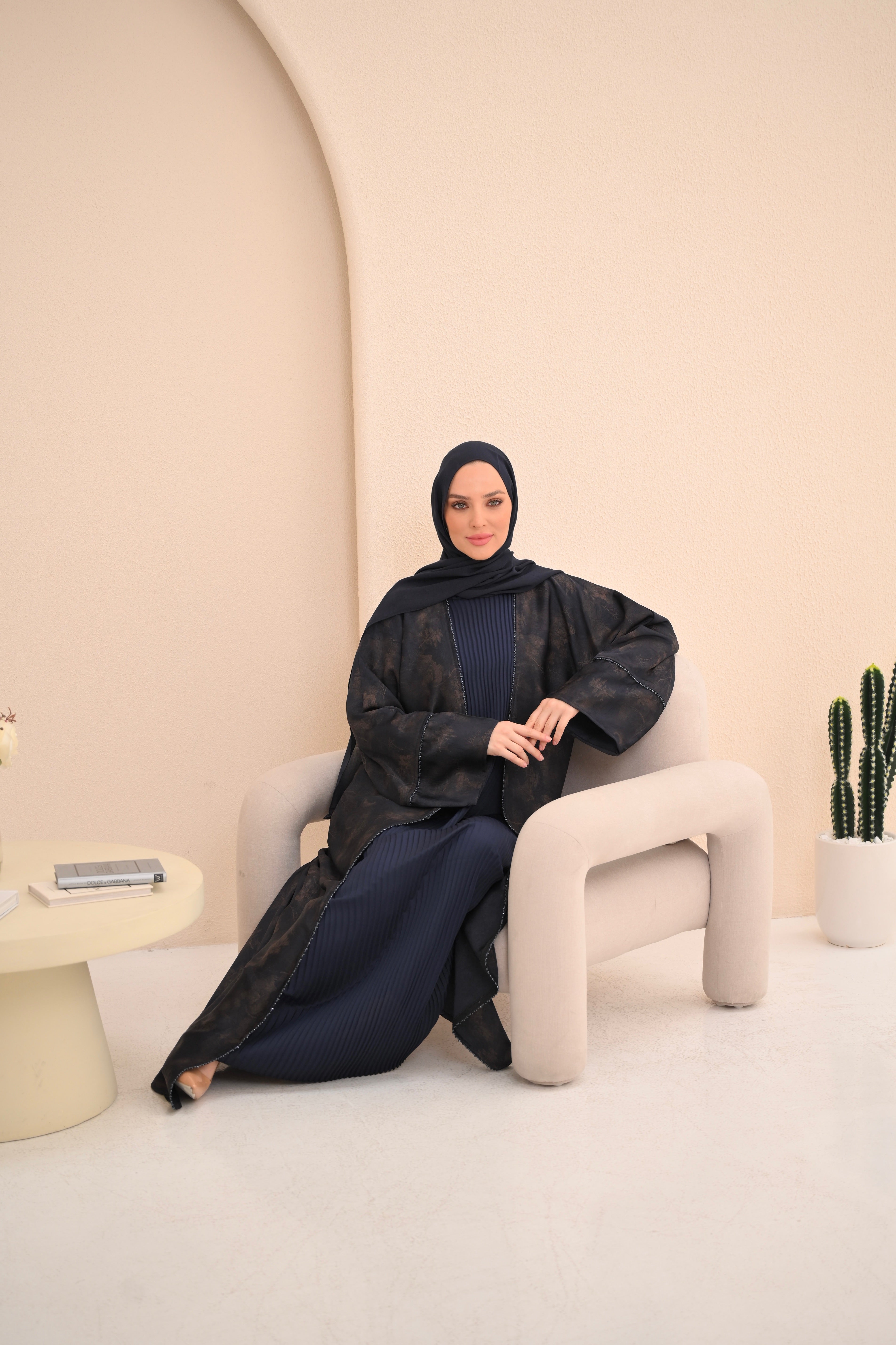 Navy Jacquard Embellished Abaya