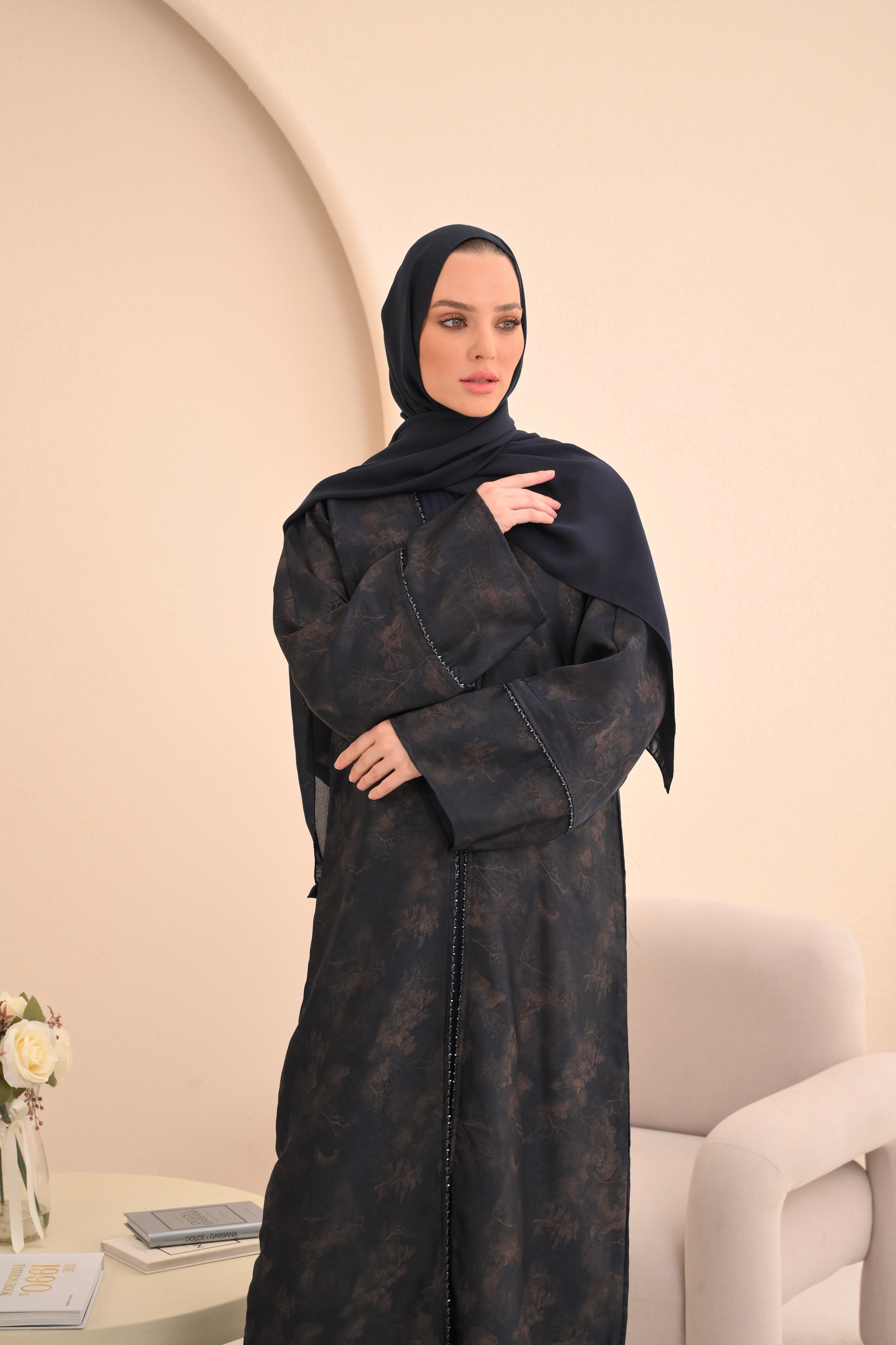 Navy Jacquard Embellished Abaya