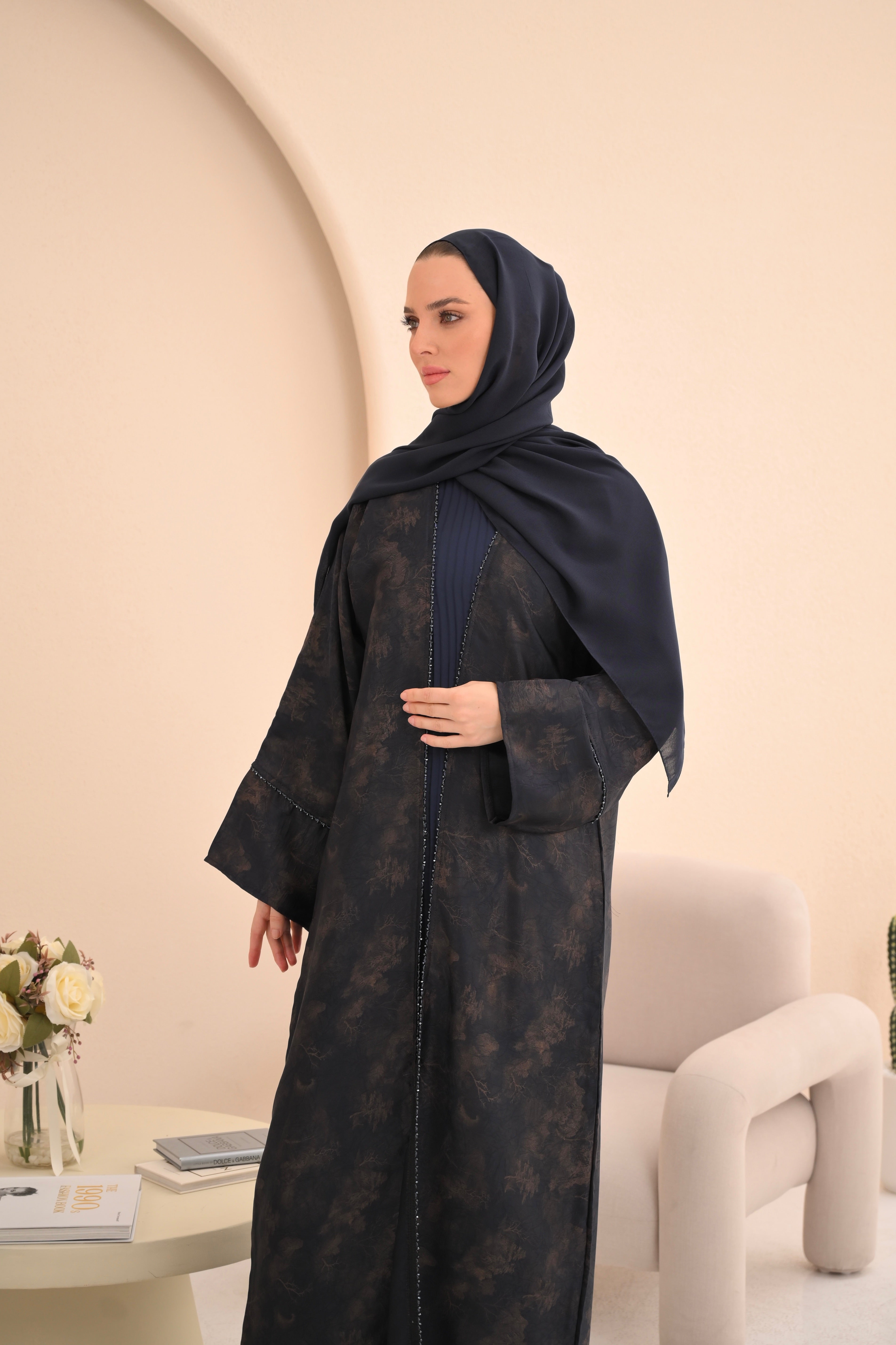 Navy Jacquard Embellished Abaya