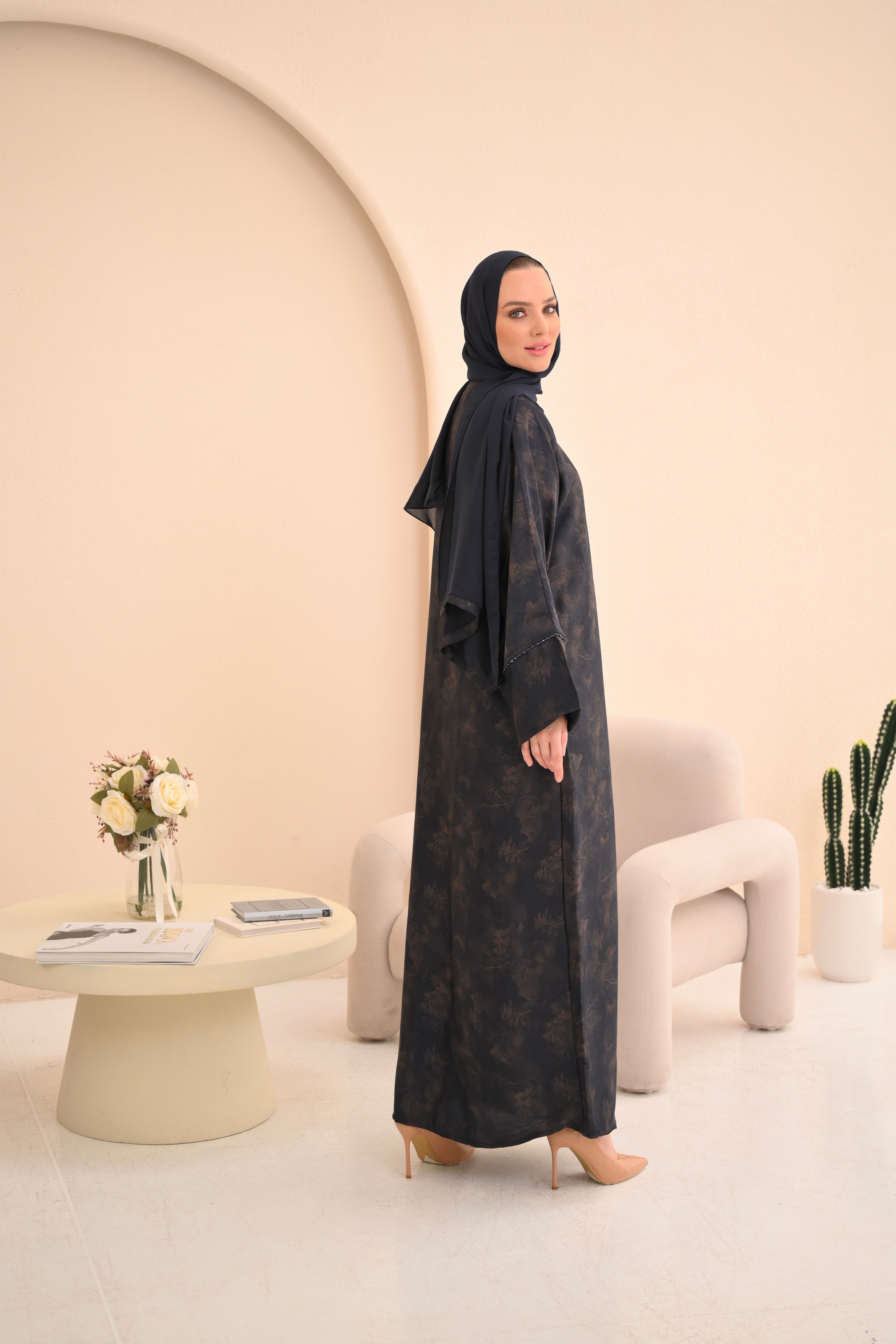 Navy Jacquard Embellished Abaya