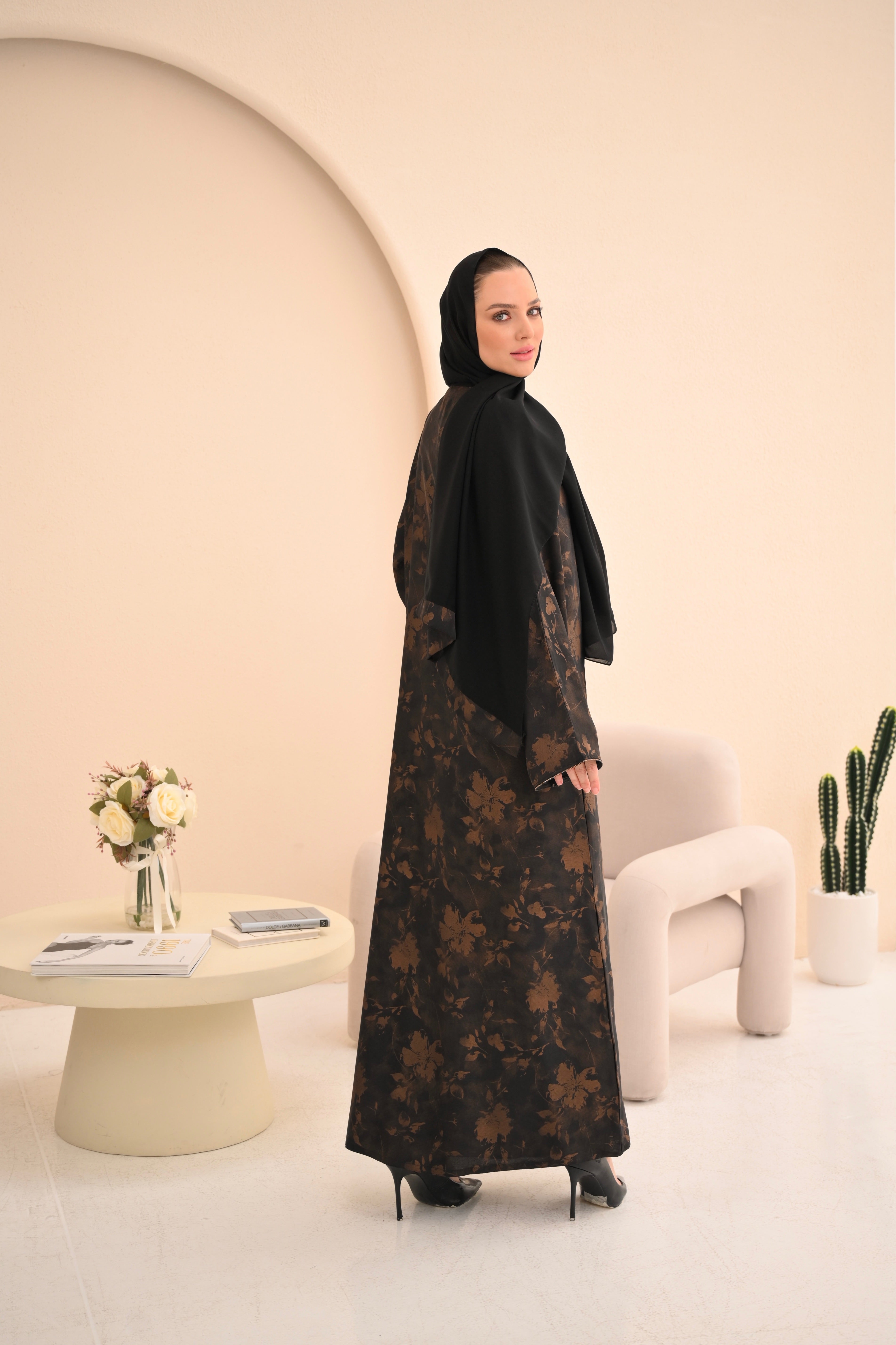 Copper Floral Open Abaya