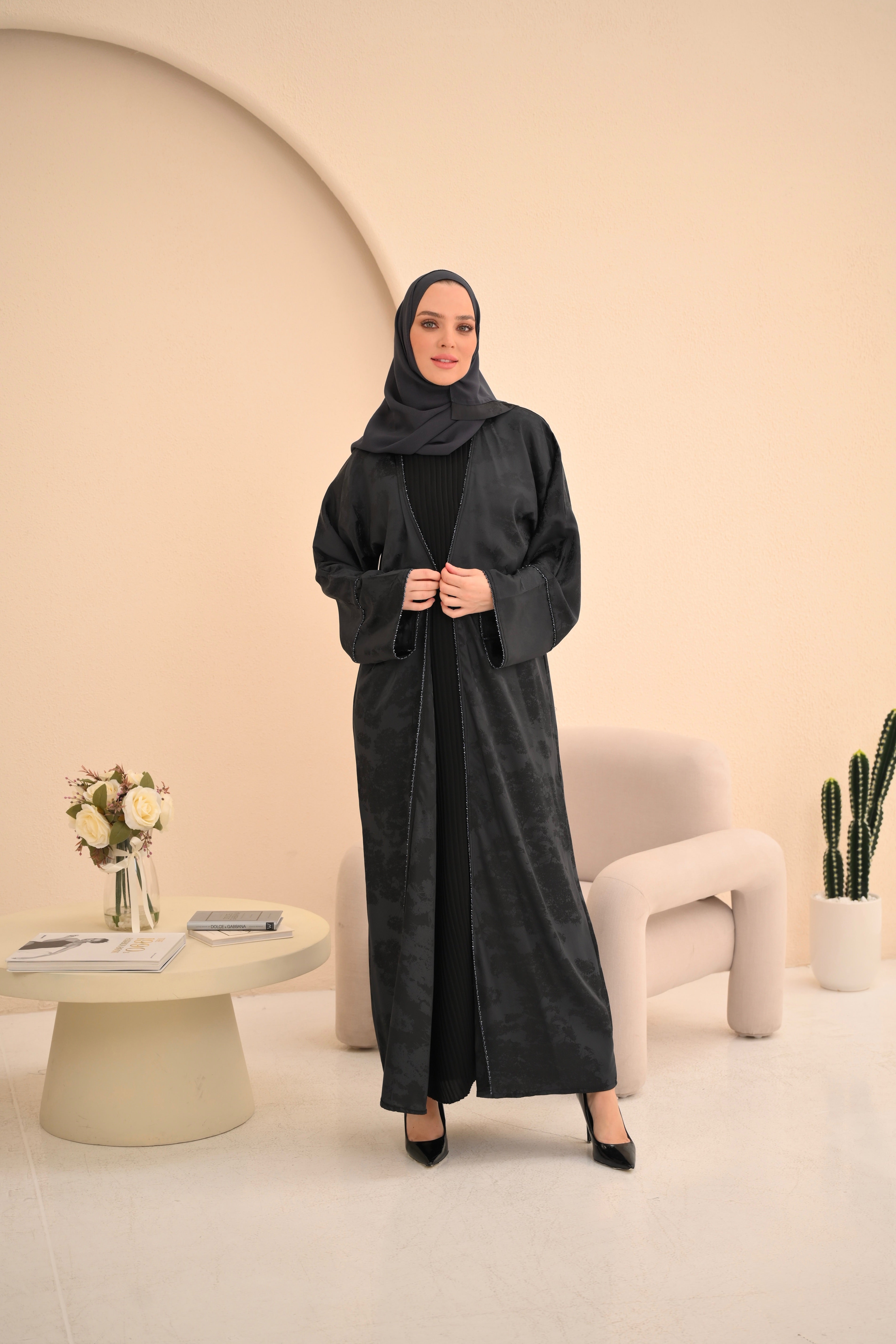 Grey Floral Printed Jacquard Abaya