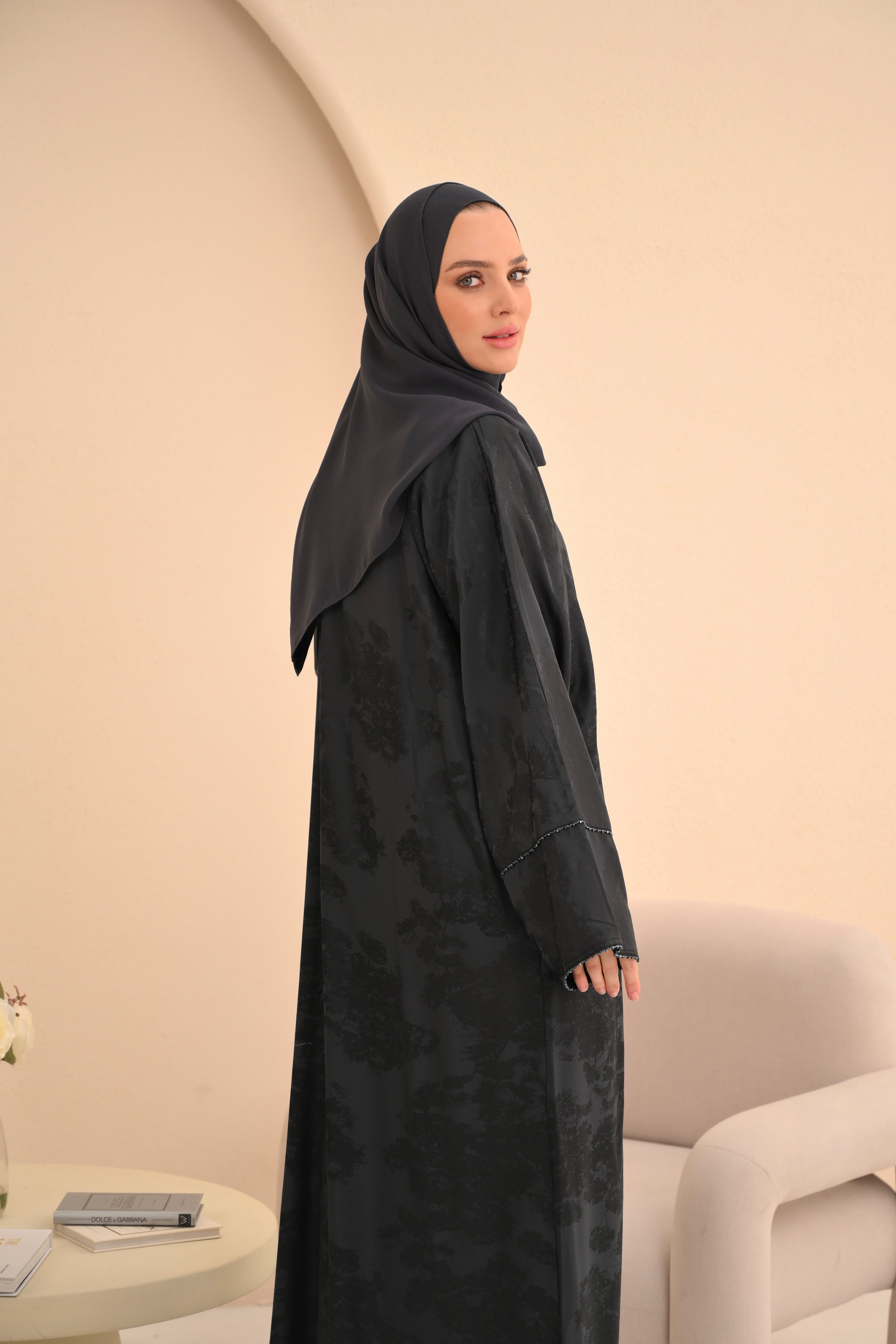Grey Floral Printed Jacquard Abaya