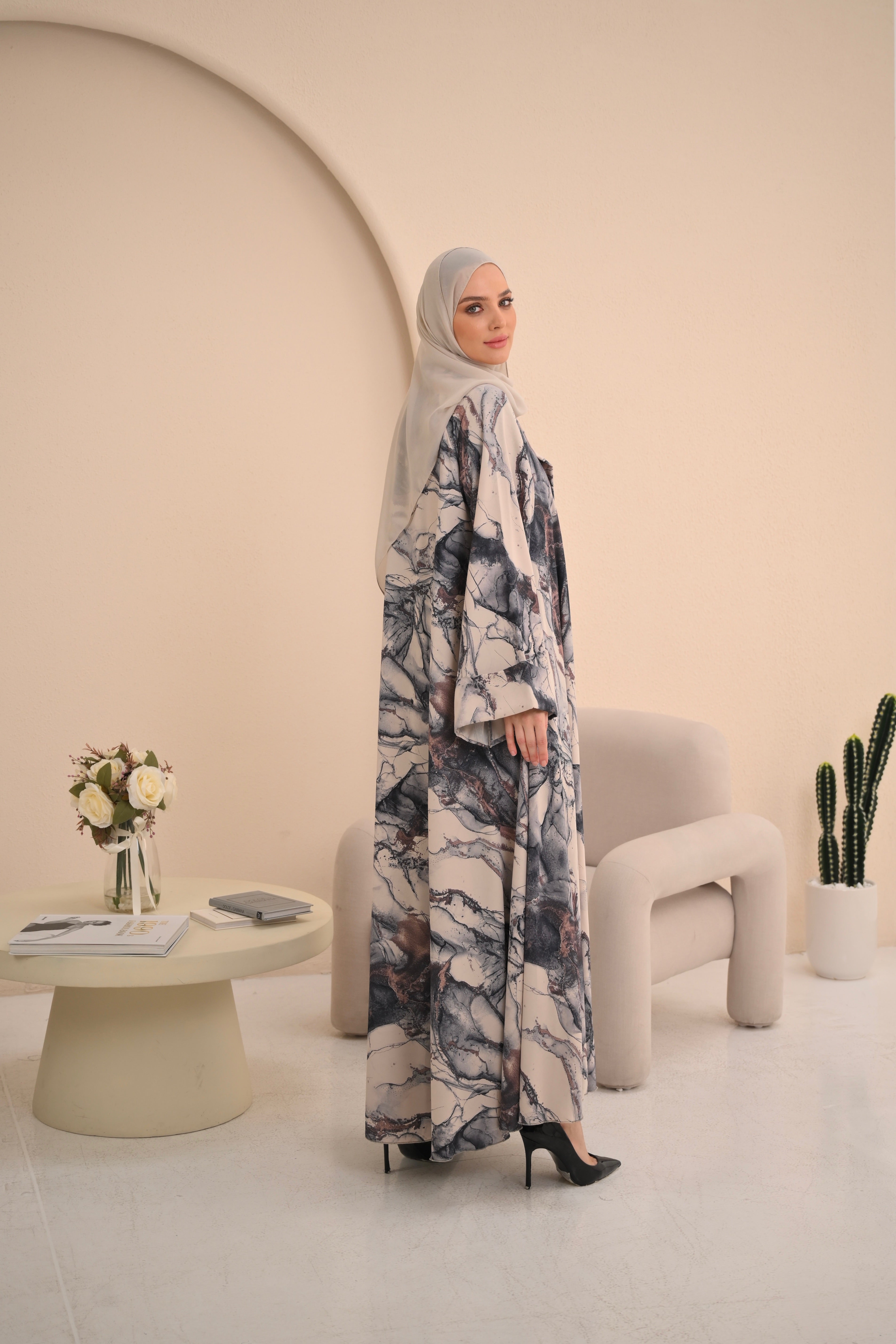 Marble Print Button Abaya