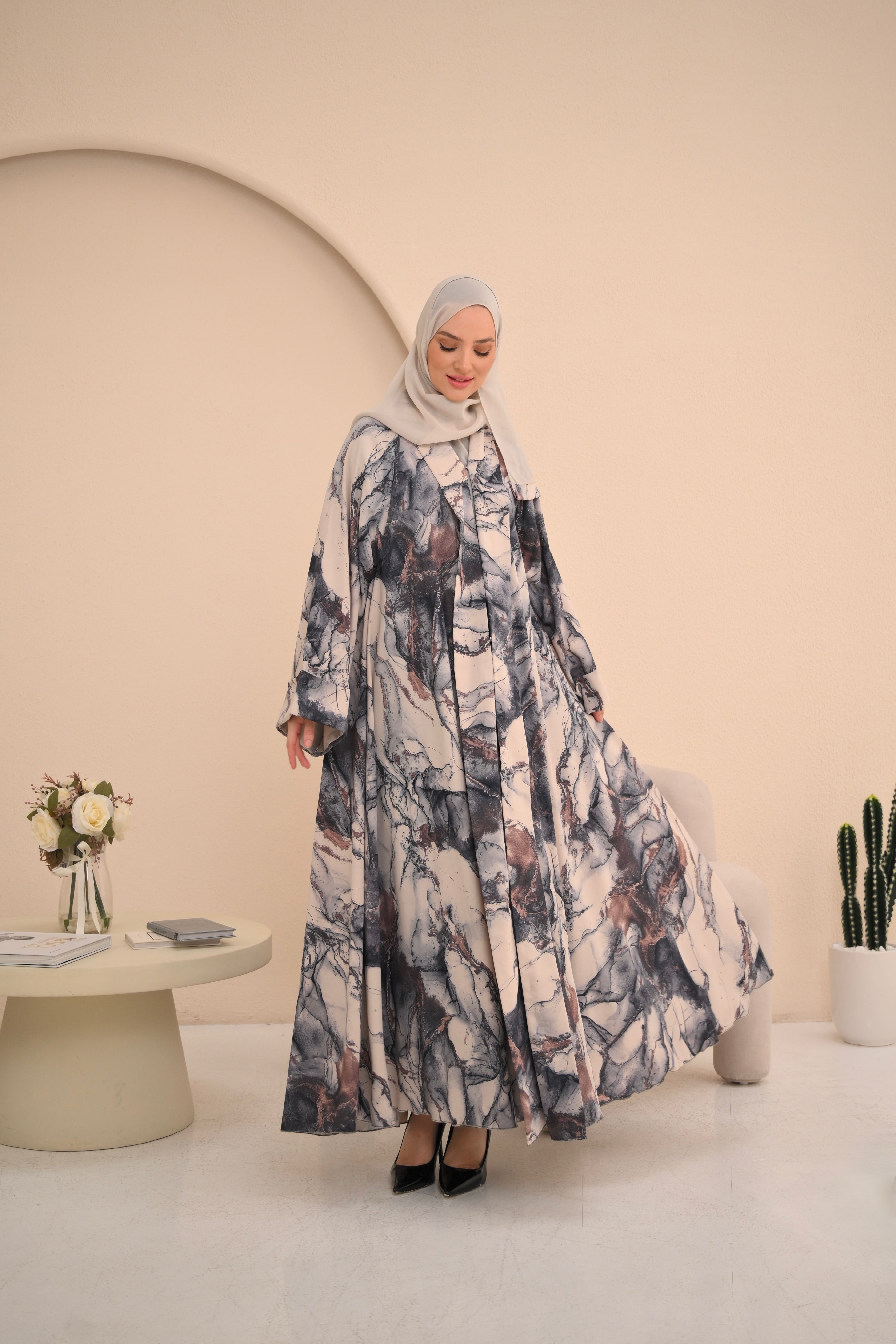 Marble Print Button Abaya