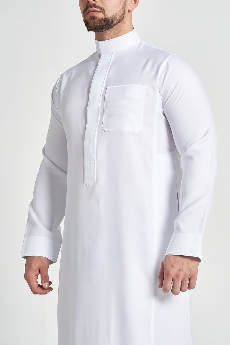 White Al-Aseel Embroidered Thobe (Buttons Concealed)