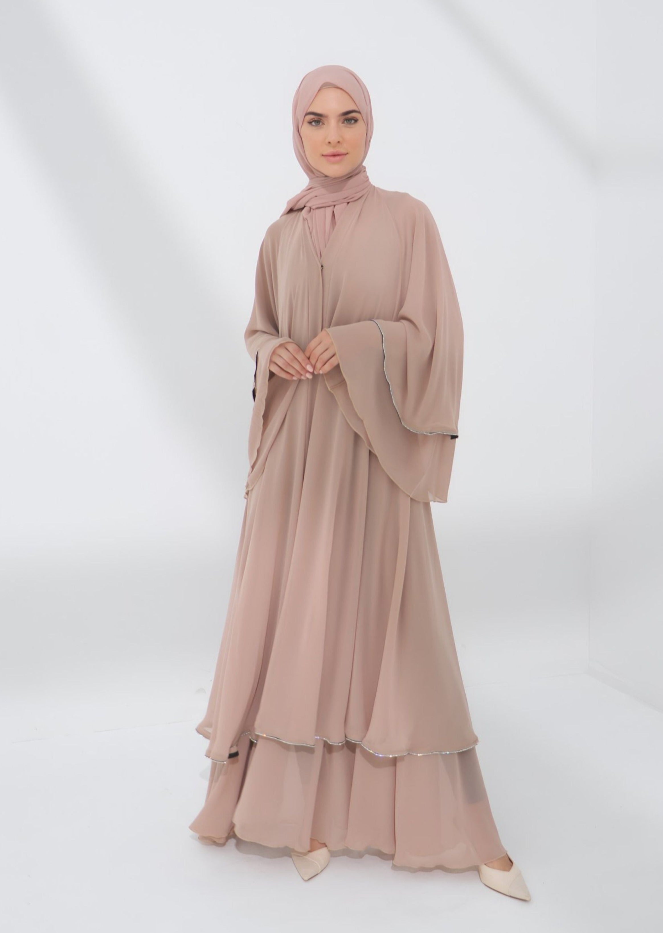 Mink Chiffon Embellished Layered Open Abaya