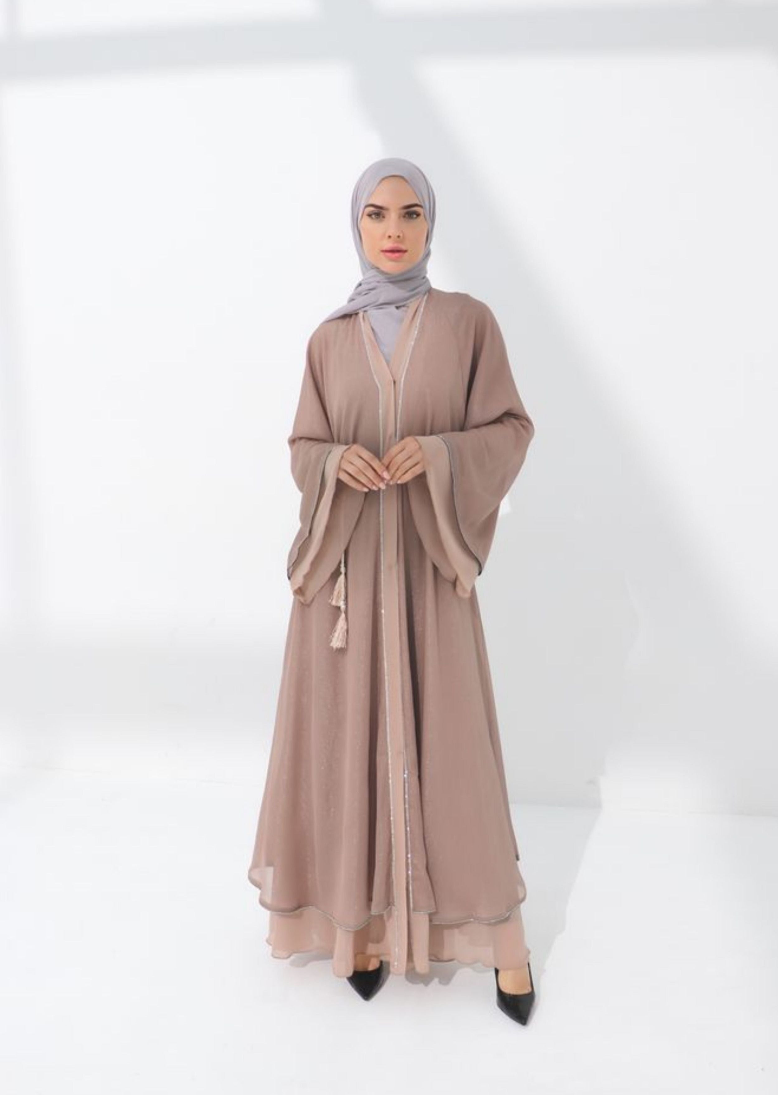 Mink Shimmer Chiffon Embellished Layered Open Abaya