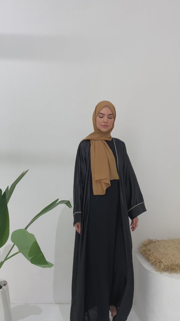 Black Shimmer Embellished Open Abaya