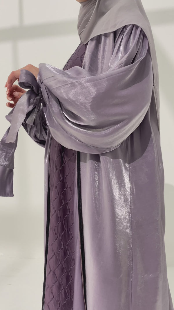 Lilac Embellished Tie Cuff Organza Abaya